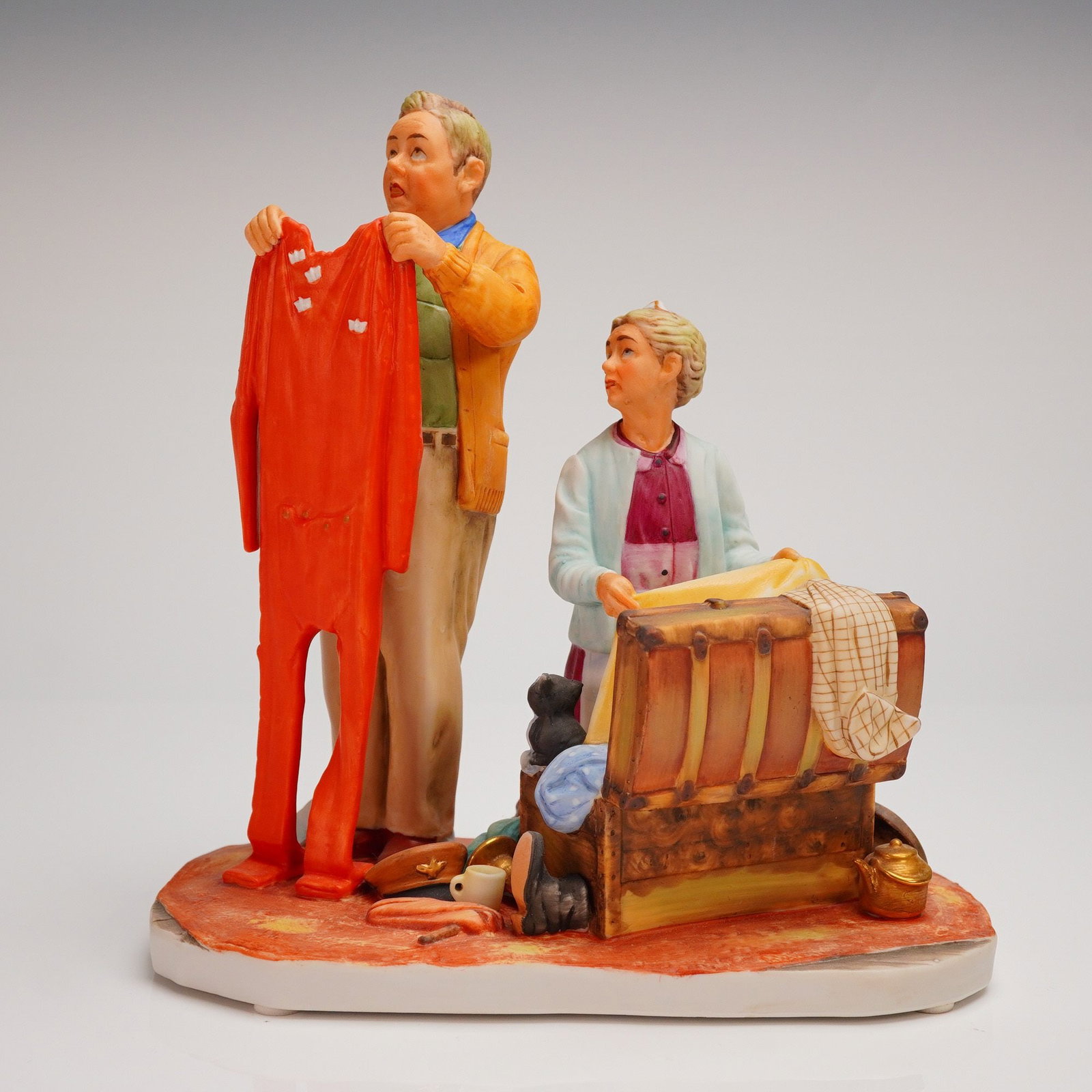 Gorham Norman Rockwell Fall Chilly Reception Figurine 1957 First Edition: A single figural group sculpture crafted from hand-painted porcelain or ceramic, produced by Gorham and inspired by the work of Norman Rockwell. This piece is identified as "Fall ?€" Chilly Recep