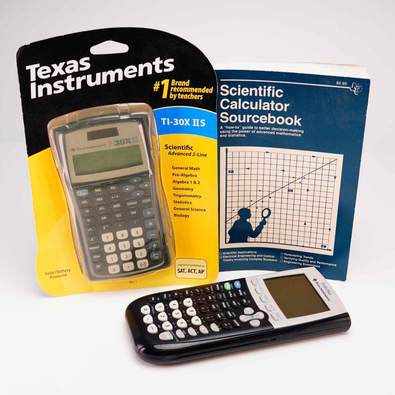 Texas Instruments 3pc Grouping, TI-30X IIS and TI-84 Plus Calculators with Sourcebook, c. 2007 (1 of 2)