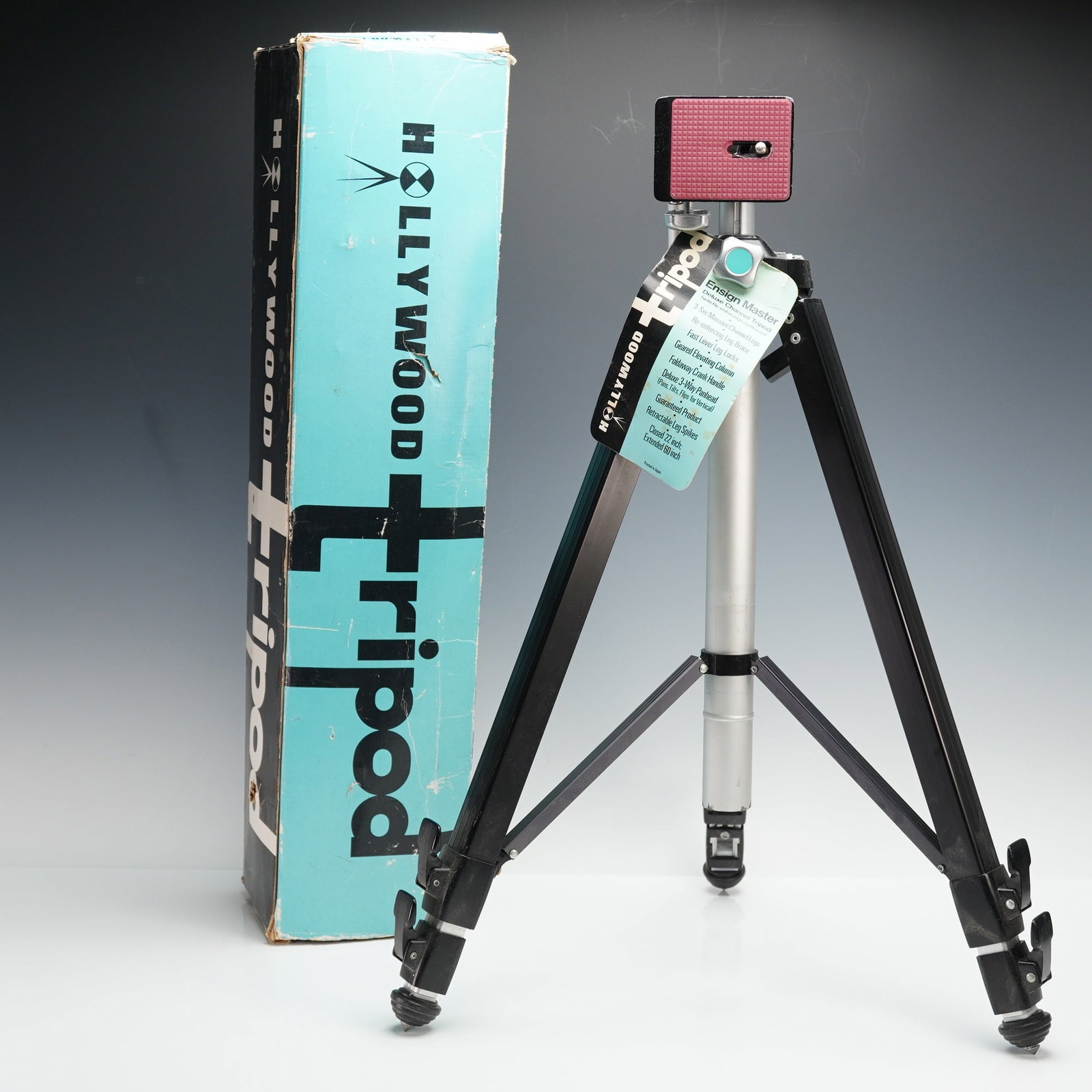 Acme-Lite Hollywood Ensign Master Deluxe Channel Tripod: This vintage camera tripod features a geared elevating column with a foldaway crank handle, 3-section massive channel legs with reinforcing leg braces, and fast lever leg locks for stability and ease 