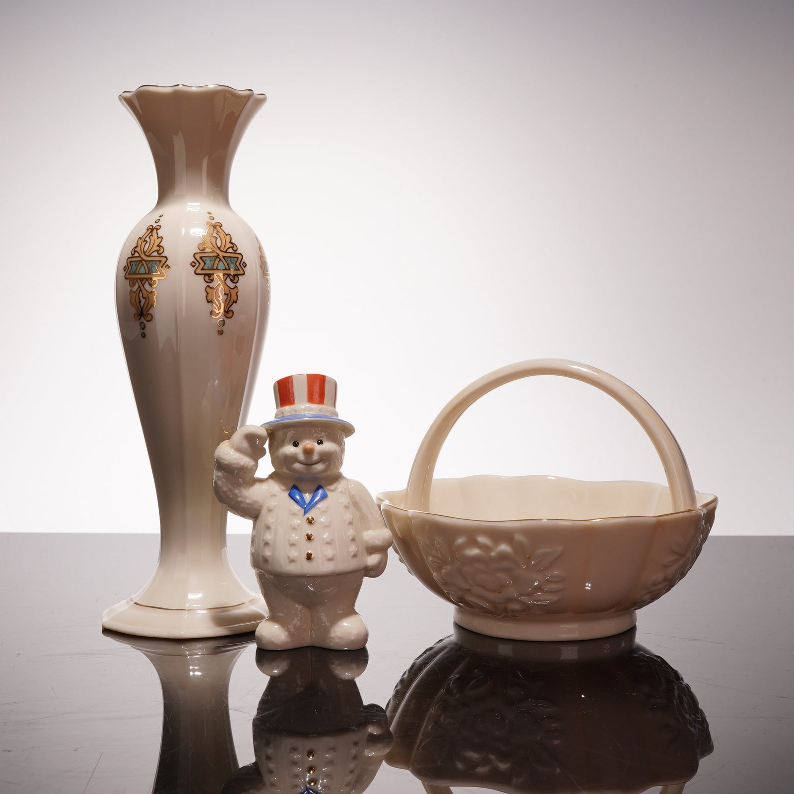 Three Lenox Ivory Porcelain Pieces including Catalan Bud Vase, Floral Basket, and Patriotic Snowman (1 of 4)