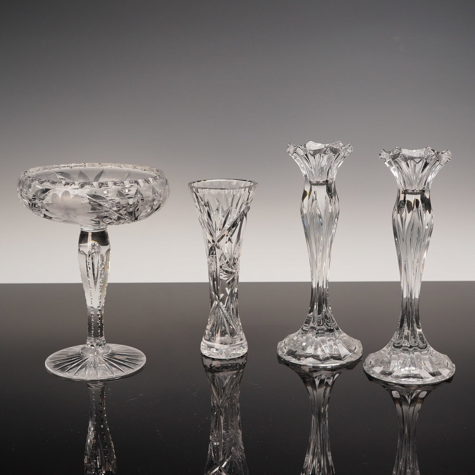 4pc Cut Glass Compote, Vase, and Pair of Candleholders (1 of 5)