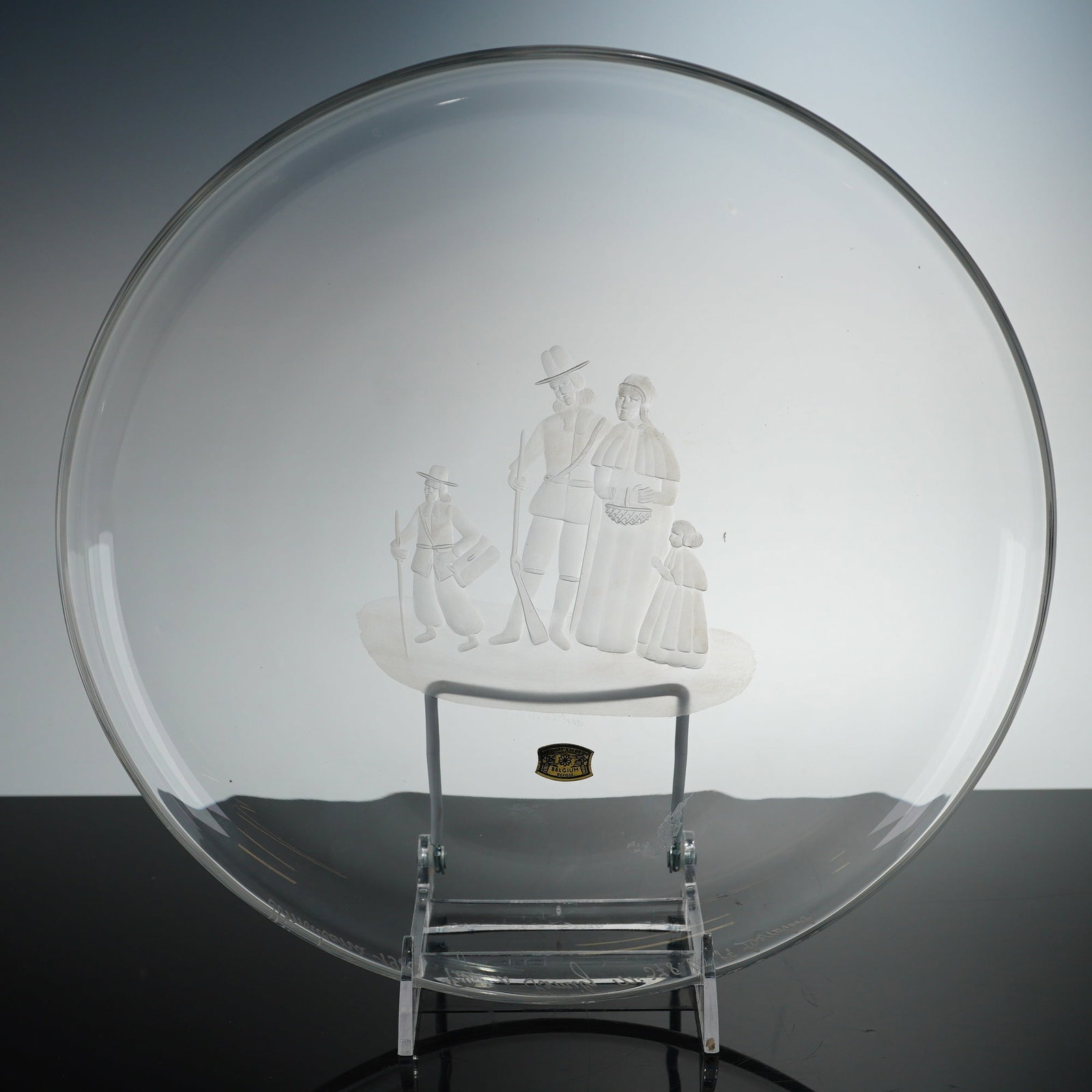 Val Saint Lambert Americana Collection Crystal Cabinet Plate, Pilgrim Family (1 of 7)
