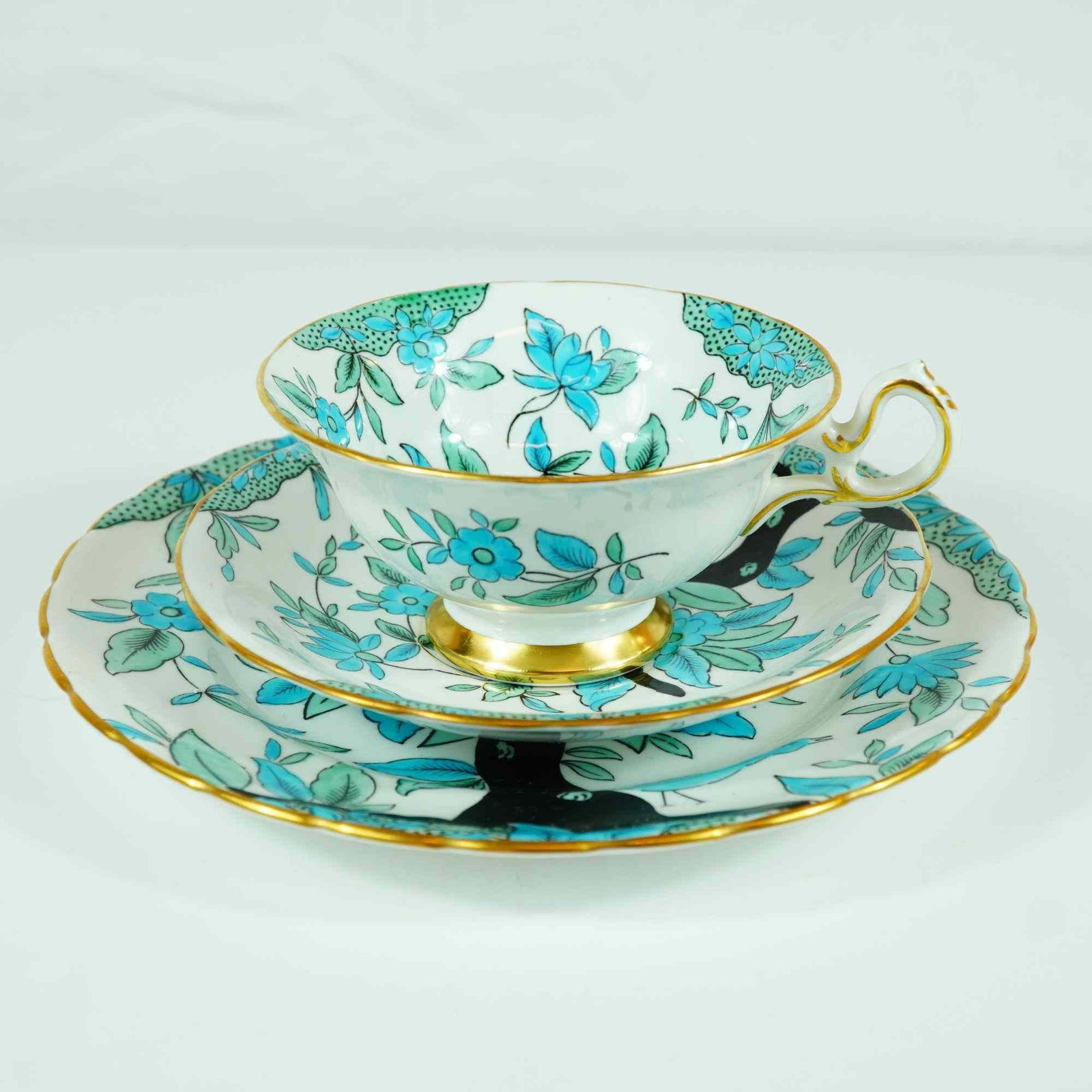 Royal Chelsea 663A Turquoise Enamel Floral and Gilt Bone China Tea Trio (1 of 3)