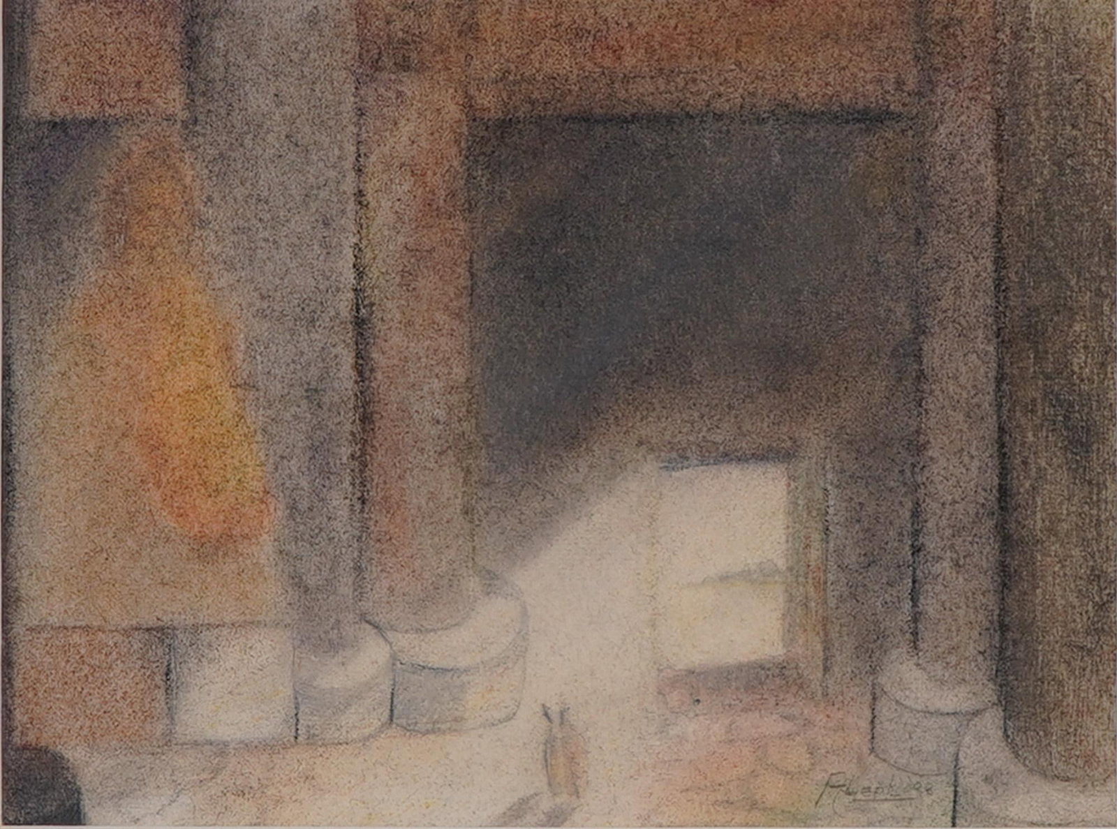 Rafael Aleph Mixed Media on Paper Drawing, Two Figures in a Temple (1 of 6)