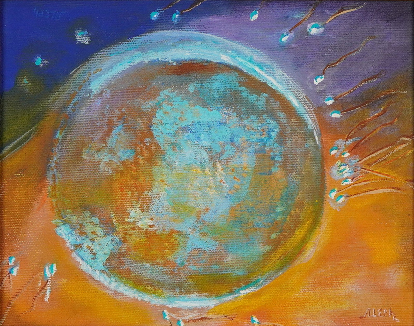 Rafael Aleph Abstract Celestial Composition Acrylic on Canvas: This abstract acrylic painting on canvas is signed Aleph on the lower right and inscribed Rafael Aleph on the back of the frame. The composition features a textured central orb surrounded by multiple 