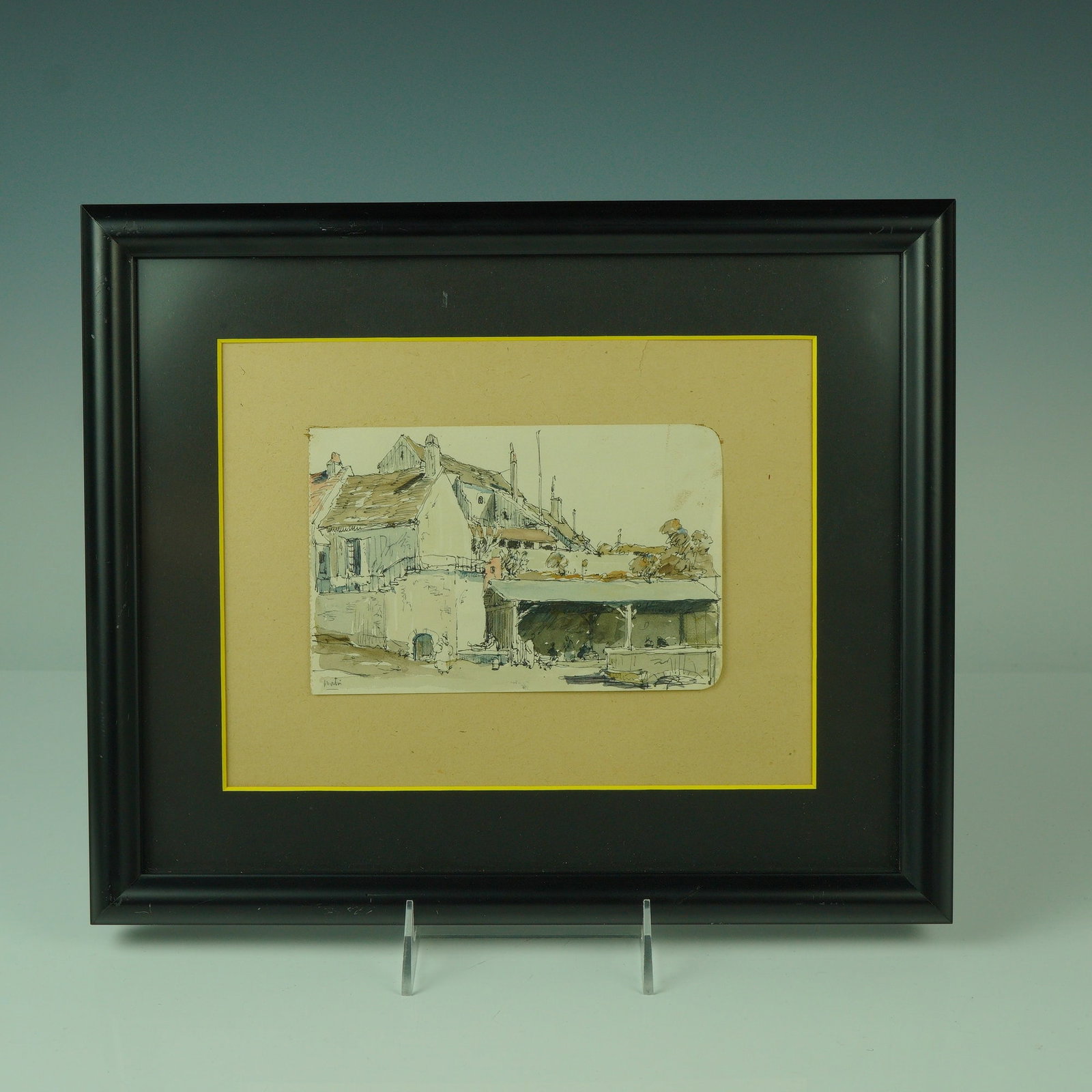 Original Ink and Watercolor, Village Scene, Signed: Original ink and watercolor drawing, signed at lower left with a name that appears to read "Matin" or "Niatin." The composition depicts a European village with overlapping rooftops, stone facades, and