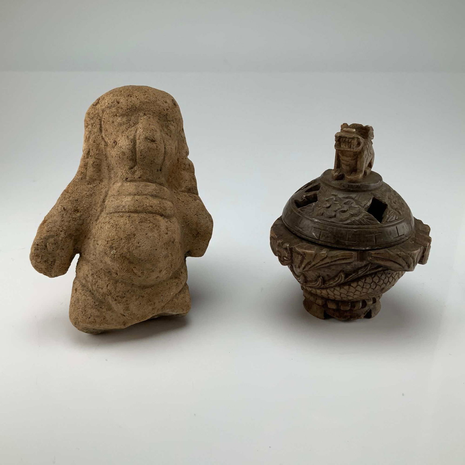 2 Chinese Carved Soapstone Censer and Indonesian Majapahit Terracotta Figurine (1 of 3)