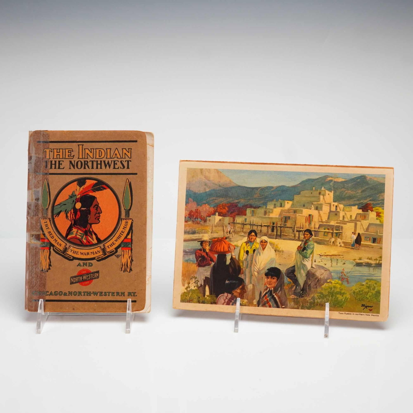 2pc The Indian the Northwest Booklet and Santa Fe Dining Car Menu: Collection includes a booklet titled "The Indian the Northwest: The Red Man, The War Man, The White Man, and the Northwestern Line", Chicago: Traffic Department, Chicago & North-Western Railway Co.,
