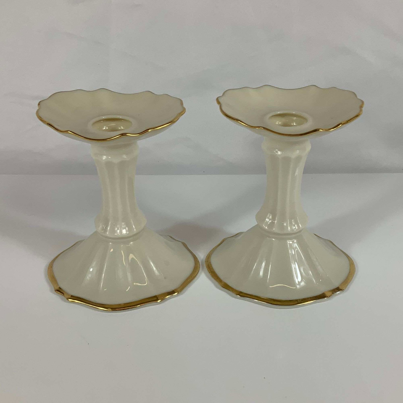 A Pair of Lenox Symphony Ivory Porcelain Candlestick Holders with Gold Trim (1 of 3)