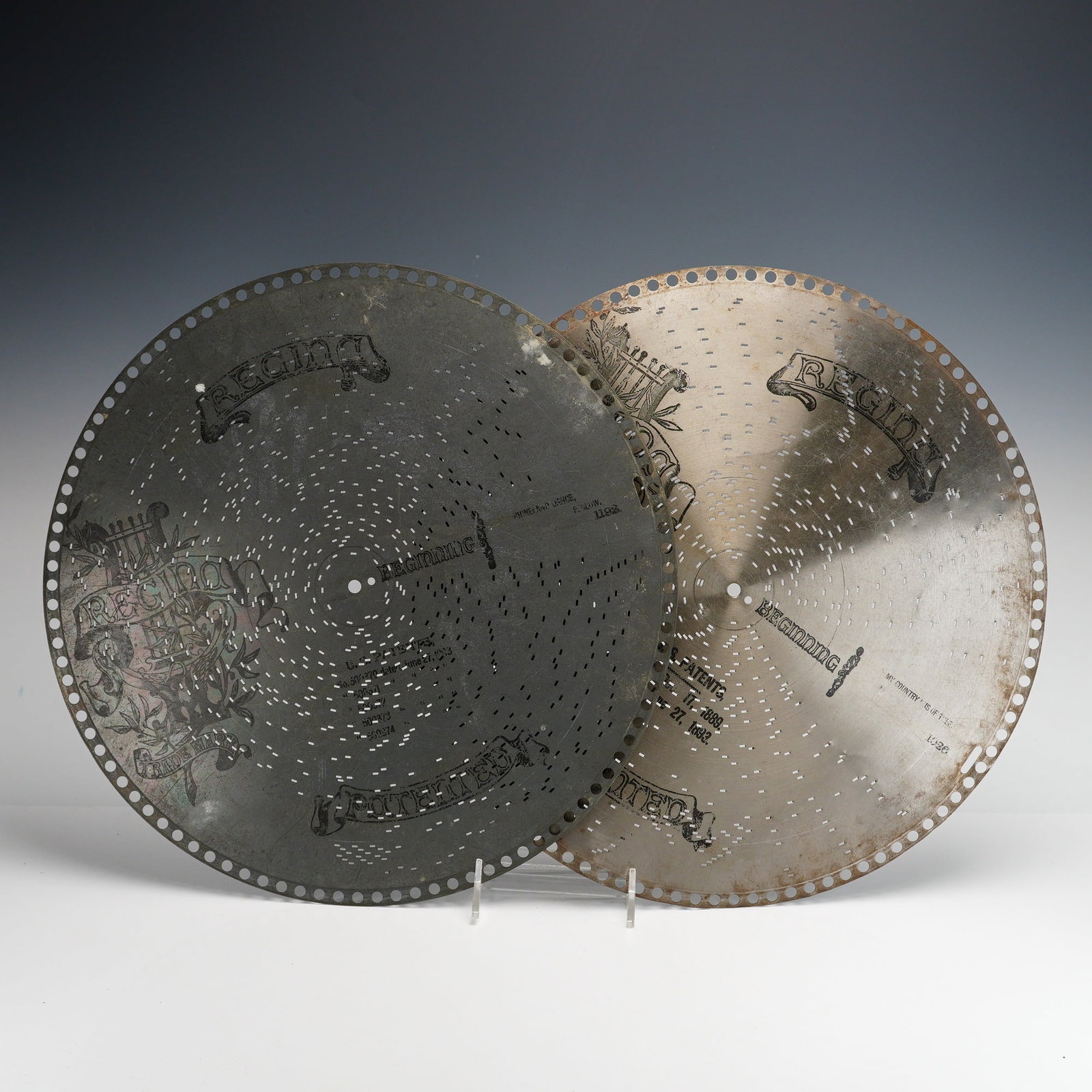 Regina 15.5-Inch Metal Music Box Discs, Pair, circa 1893 (1 of 2)