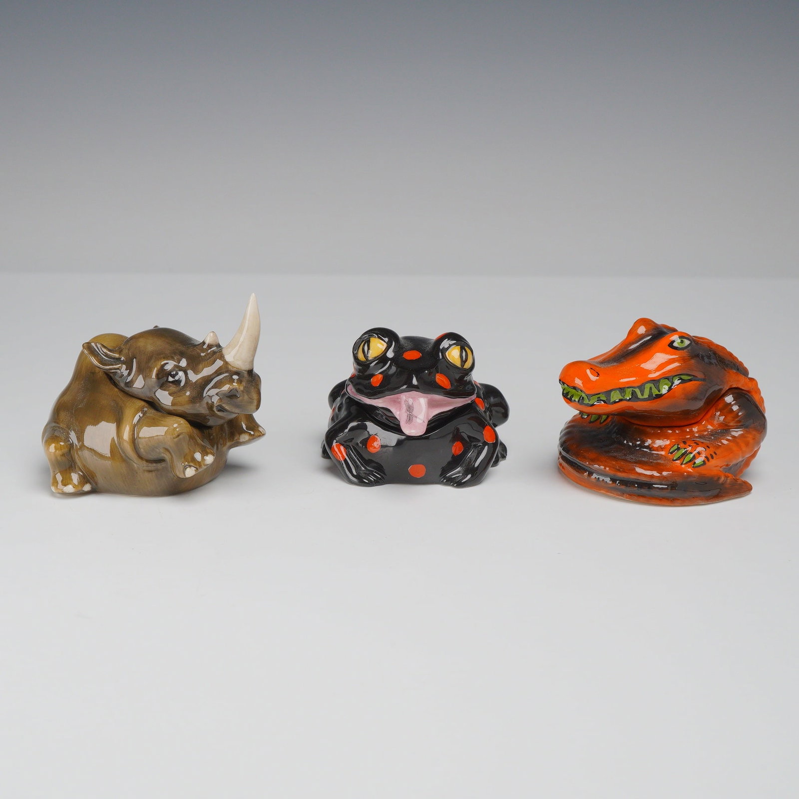 3pc Kevin Francis Ceramic Face Pots, Rhinoceros Frog and Alligator (1 of 4)