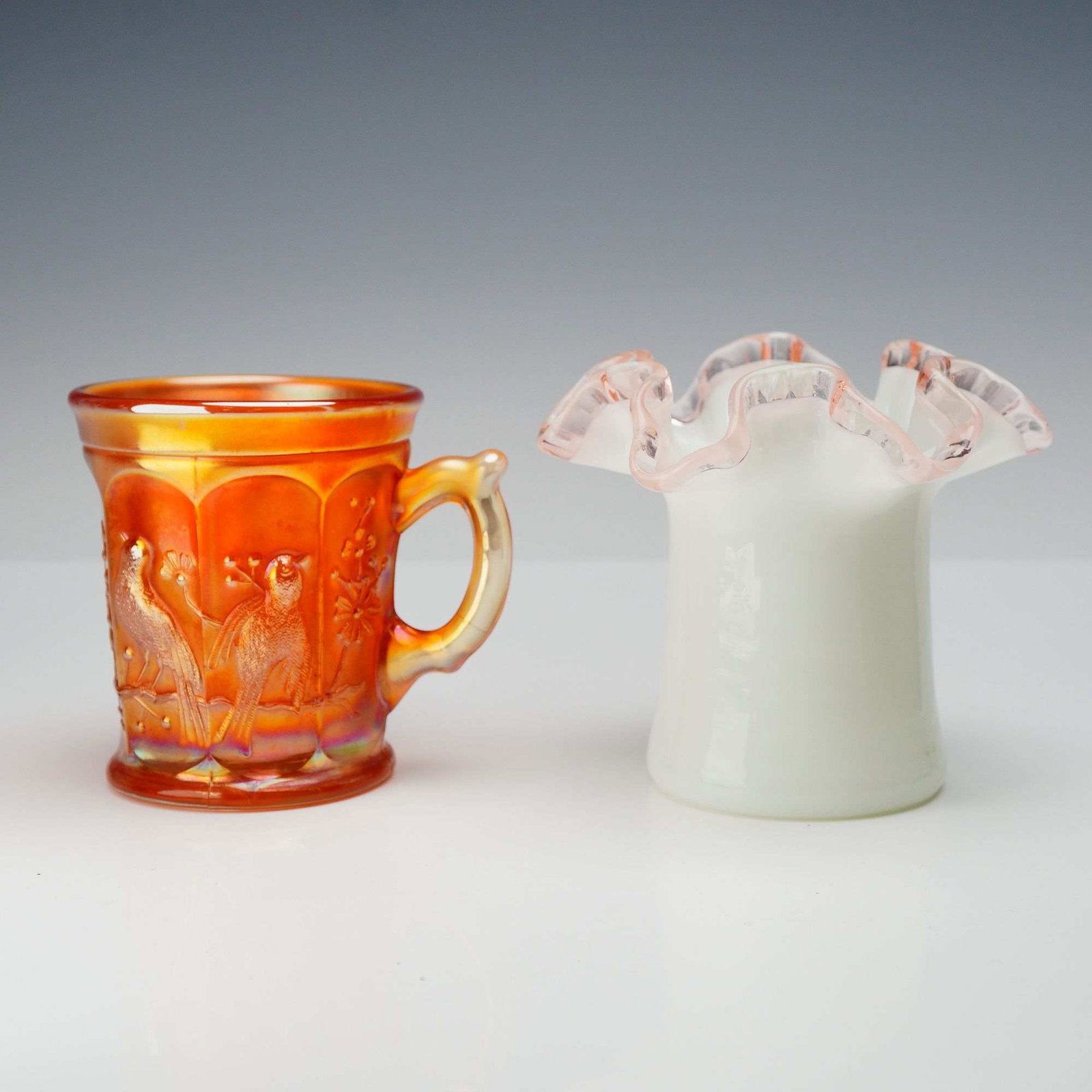 Two Pieces of American Decorative Glass Including a Northwood Singing Birds Mug and a Ruffled Milk (1 of 3)