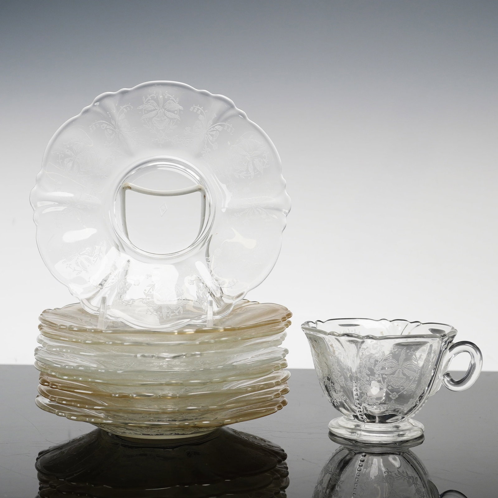 10 pc Heisey Queen Anne Glass Cup and Plates, Orchid Pattern (1 of 4)