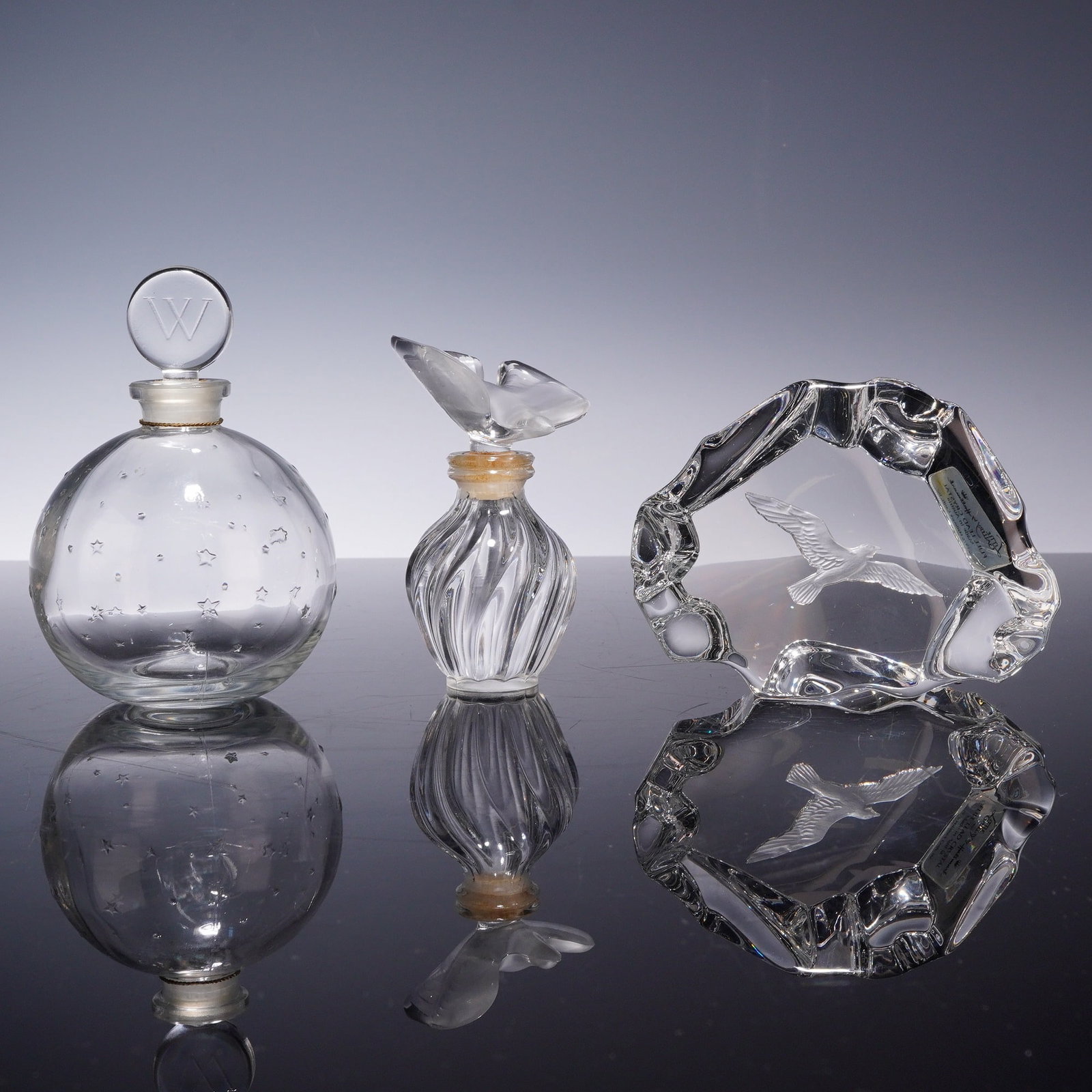 Three Decorative Art Glass Scent Bottles and Paperweight including Lalique for Nina Ricci (1 of 5)
