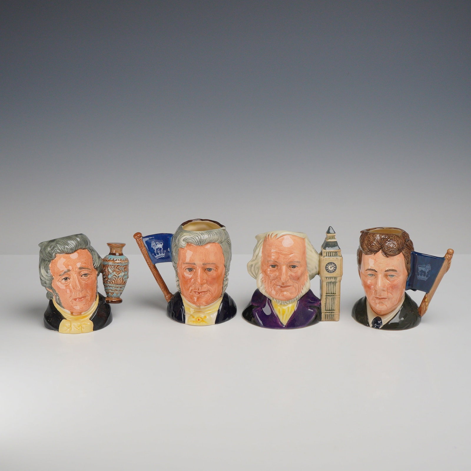 4pc Royal Doulton Character Jugs Sir Henry, John, and Michael Doulton: This collection includes four Royal Doulton small-size character jugs produced as limited editions or exclusive releases for the Royal Doulton International Collectors Club. These pieces represent key