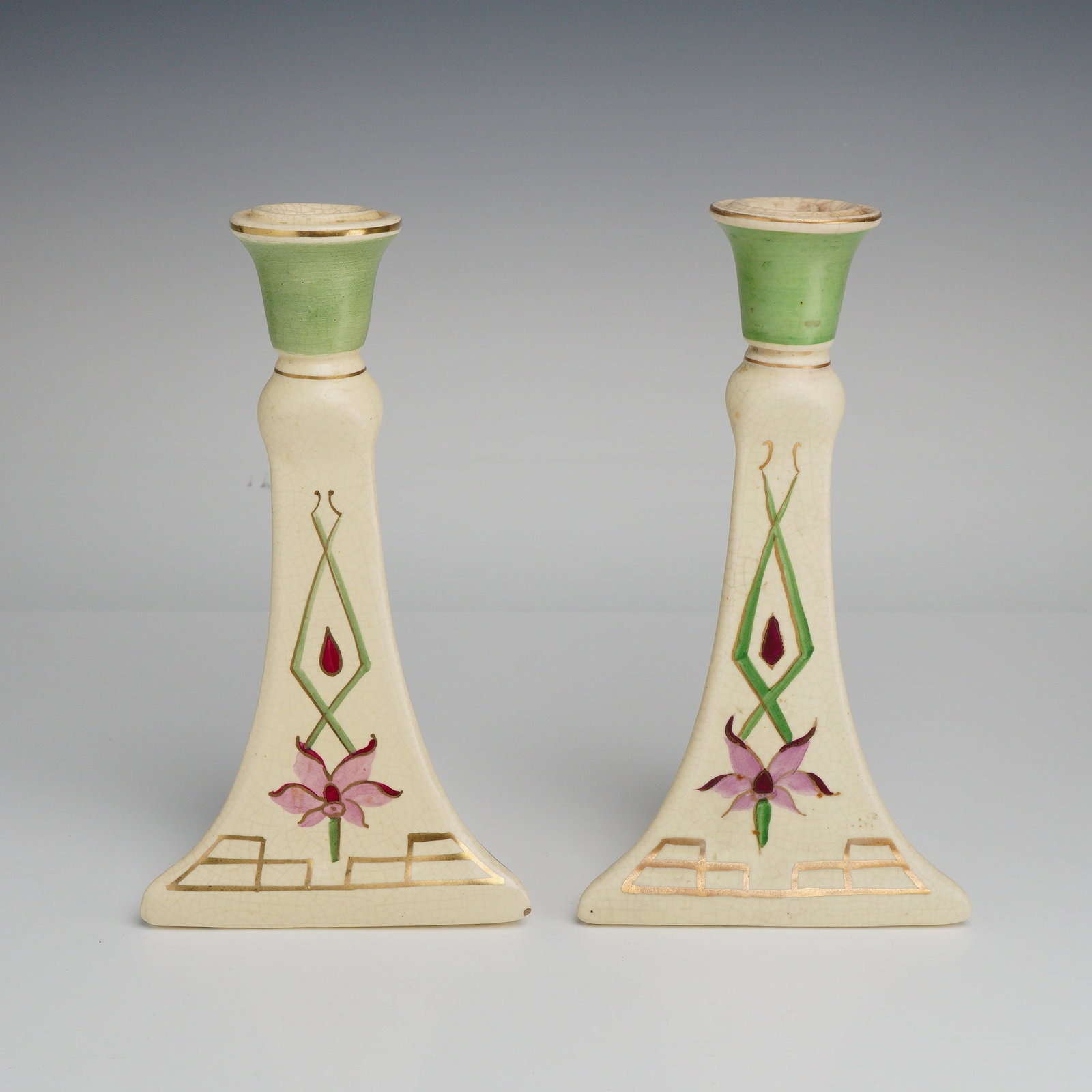 Pair of Roseville Pottery Creamware Gold Traced Candleholders (1 of 3)