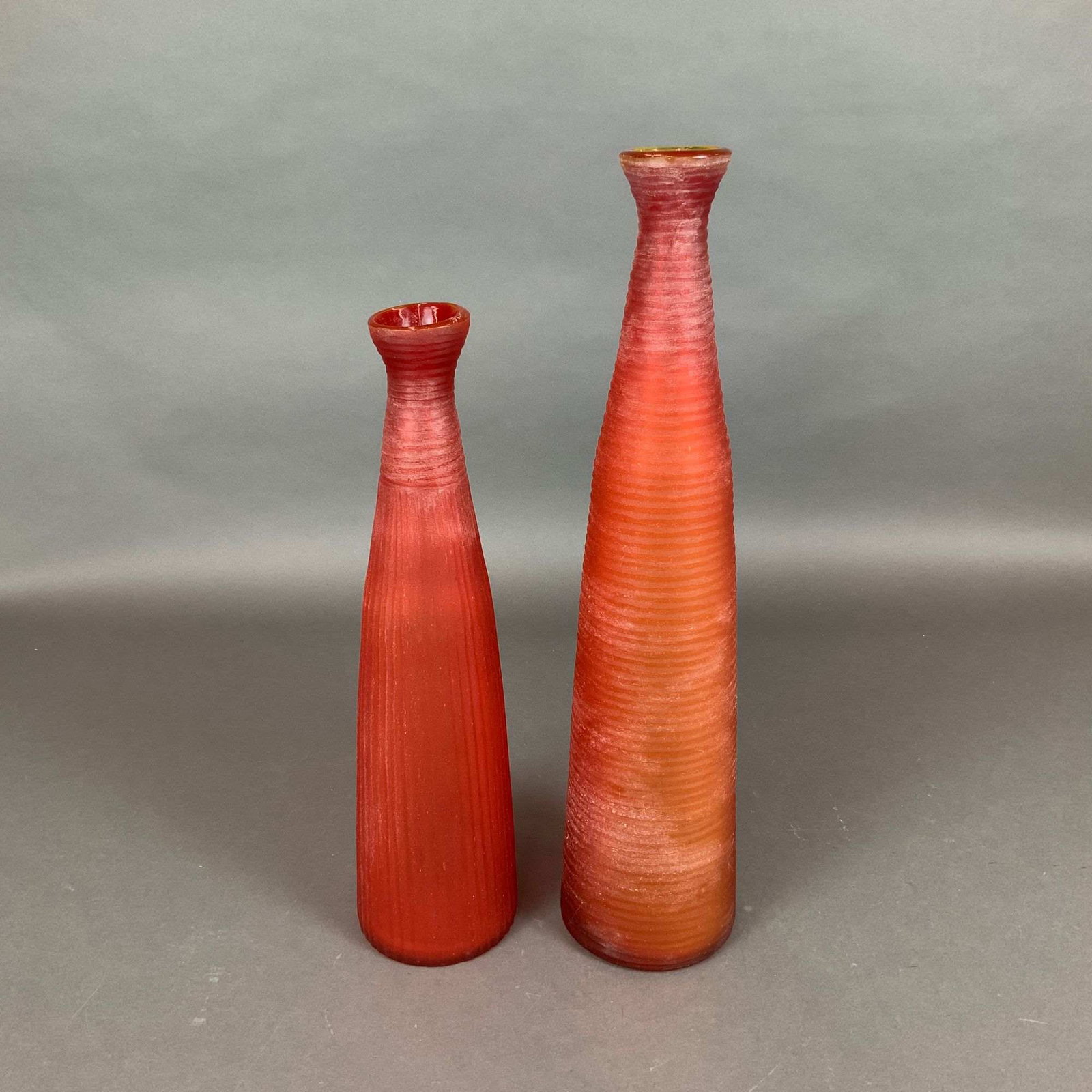 Two Striated Art Glass Vases, Red Orange (1 of 3)