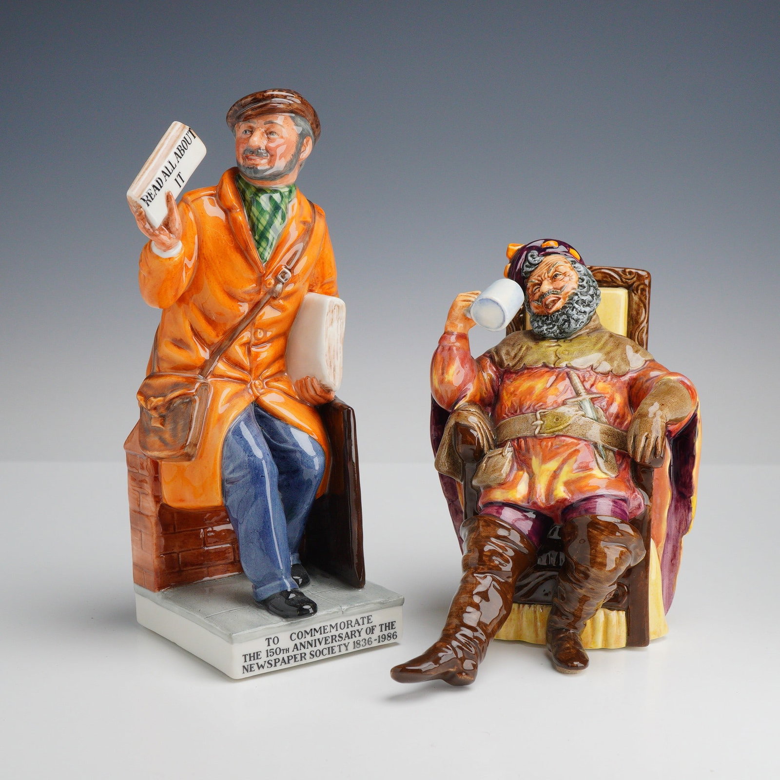 Two Royal Doulton Glazed Porcelain Figurines, The Newsvendor HN 2891 and The Foaming Quart HN 2162: This lot consists of two Royal Doulton glazed porcelain figurines, including a limited edition commemorative figure and a character study. The first figurine is titled The Newsvendor, model number HN 