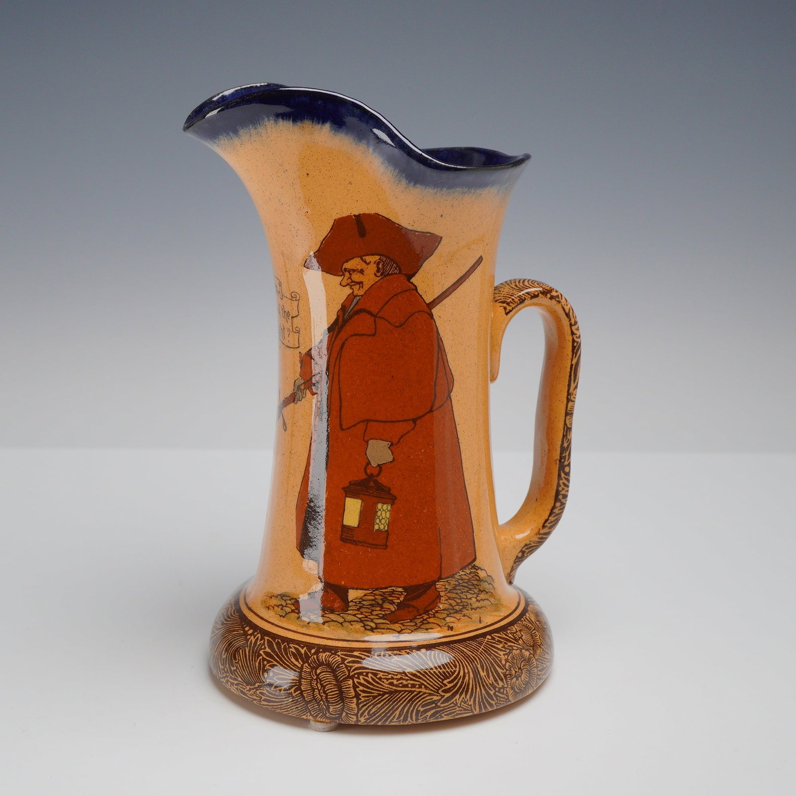 Royal Doulton Seriesware Night Watchman Jug D1458: Royal Doulton Night Watchman Seriesware earthenware jug. This tapering pitcher features a flared pedestal base, a single D-shaped handle, and a pinched pouring spout. The decoration consists of a spec