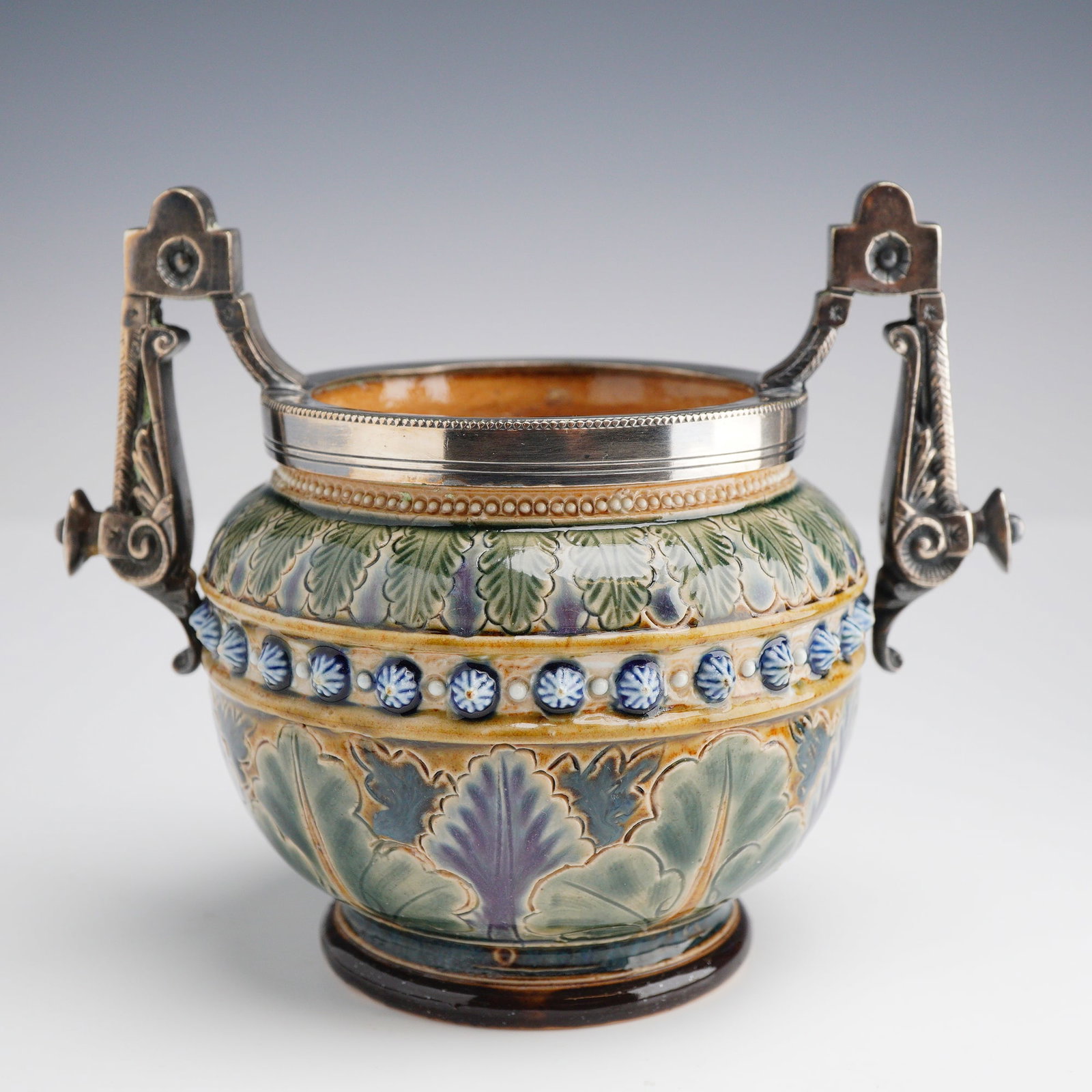 Doulton Lambeth Salt Glazed Stoneware Sugar Pot with Silver Plated Handles Dated 1878 (1 of 3)