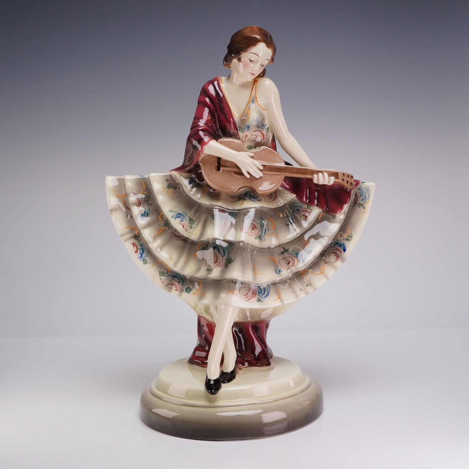 Josef Lorenzl for Goldscheider Porcelain Sculptural Lamp Base, Woman with Guitar (1 of 5)