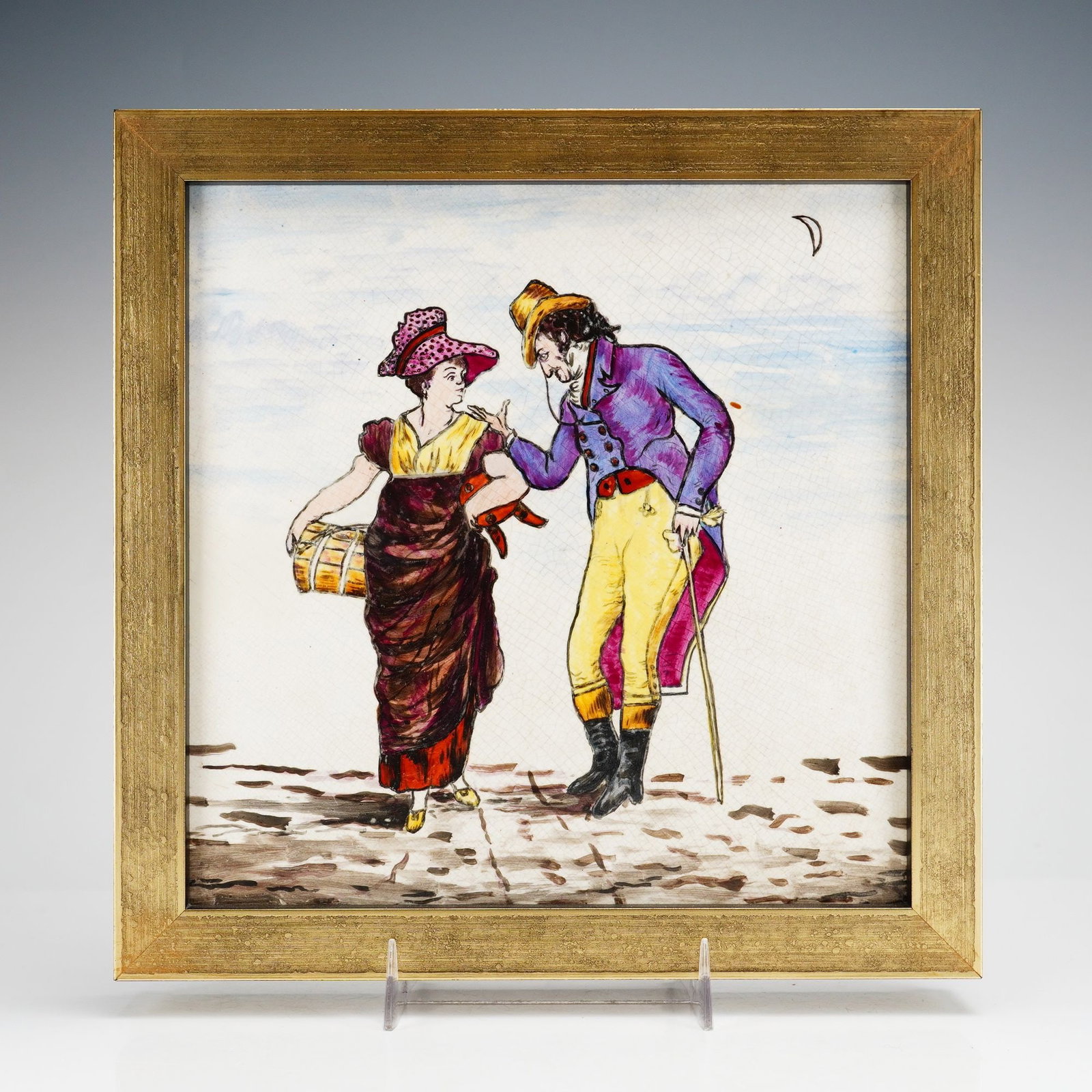 Josiah Wedgwood My Pretty Maid Nursery Rhyme Hand-Painted Creamware Tile: A square earthenware tile made of creamware, featuring a hand-painted polychrome enamel illustration inspired by an original illustration from the nursery rhyme Where Are You Going, My Pretty Maid by 