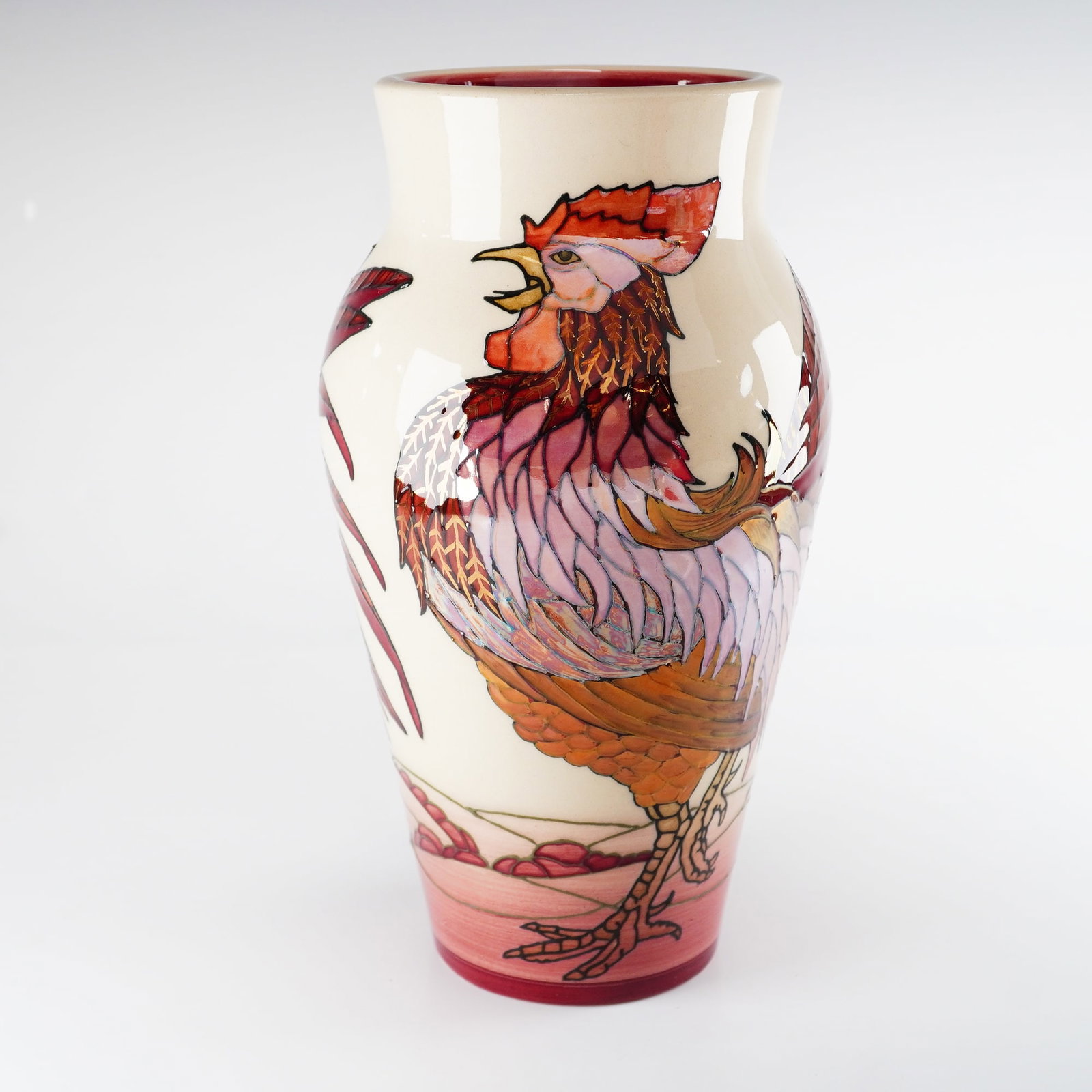 Sally Tuffin for Dennis China Works Rooster Vase: A Dennis China Works earthenware vase designed by Sally Tuffin and produced in 2006. This large tapered ovoid vessel features a flared neck and a vibrant, stylized depiction of a rooster or cockerel. 