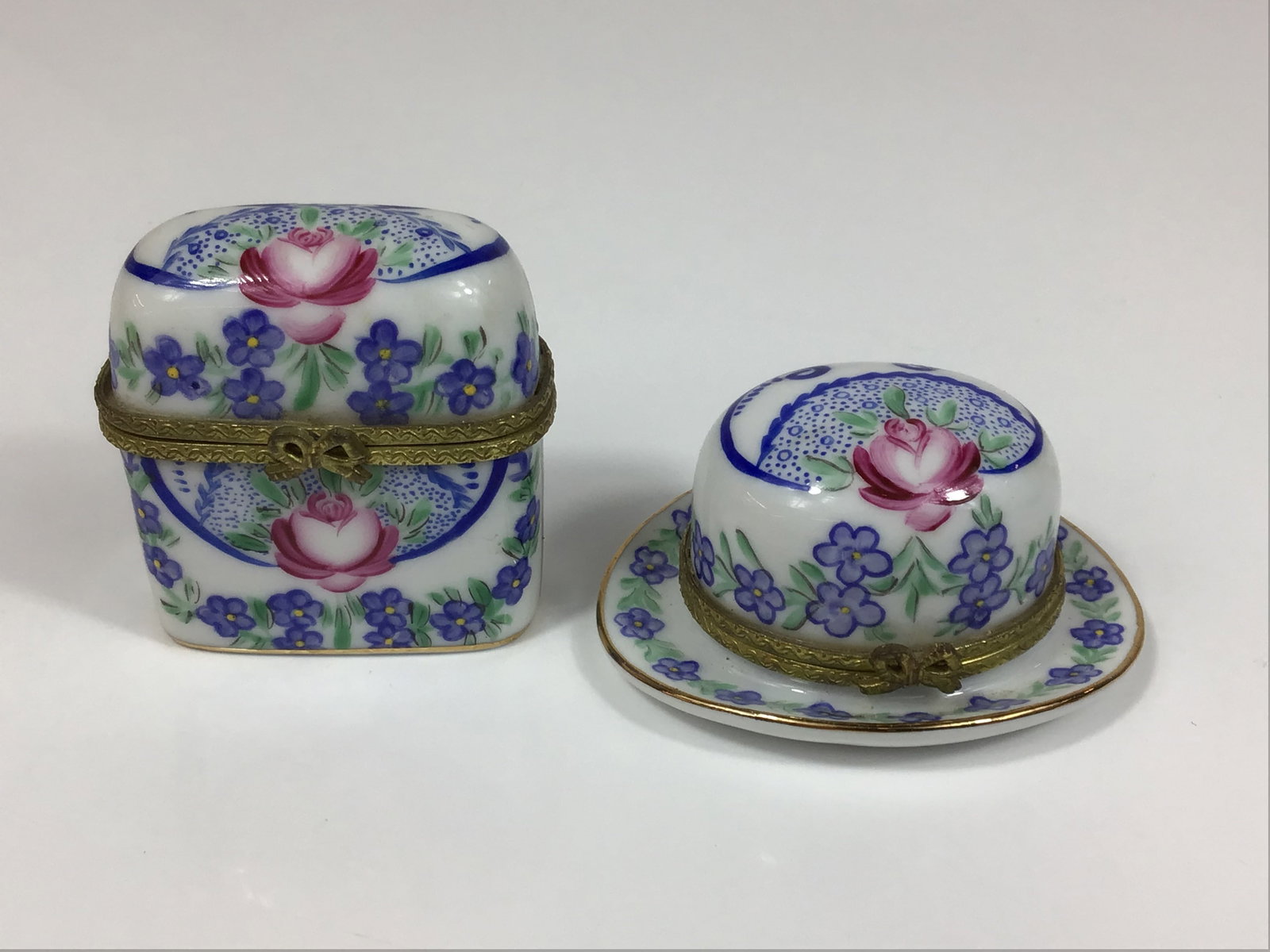 Set of Two Limoges Hand-Painted Porcelain Trinket Boxes with Pink and Blue Floral Graphics (1 of 4)