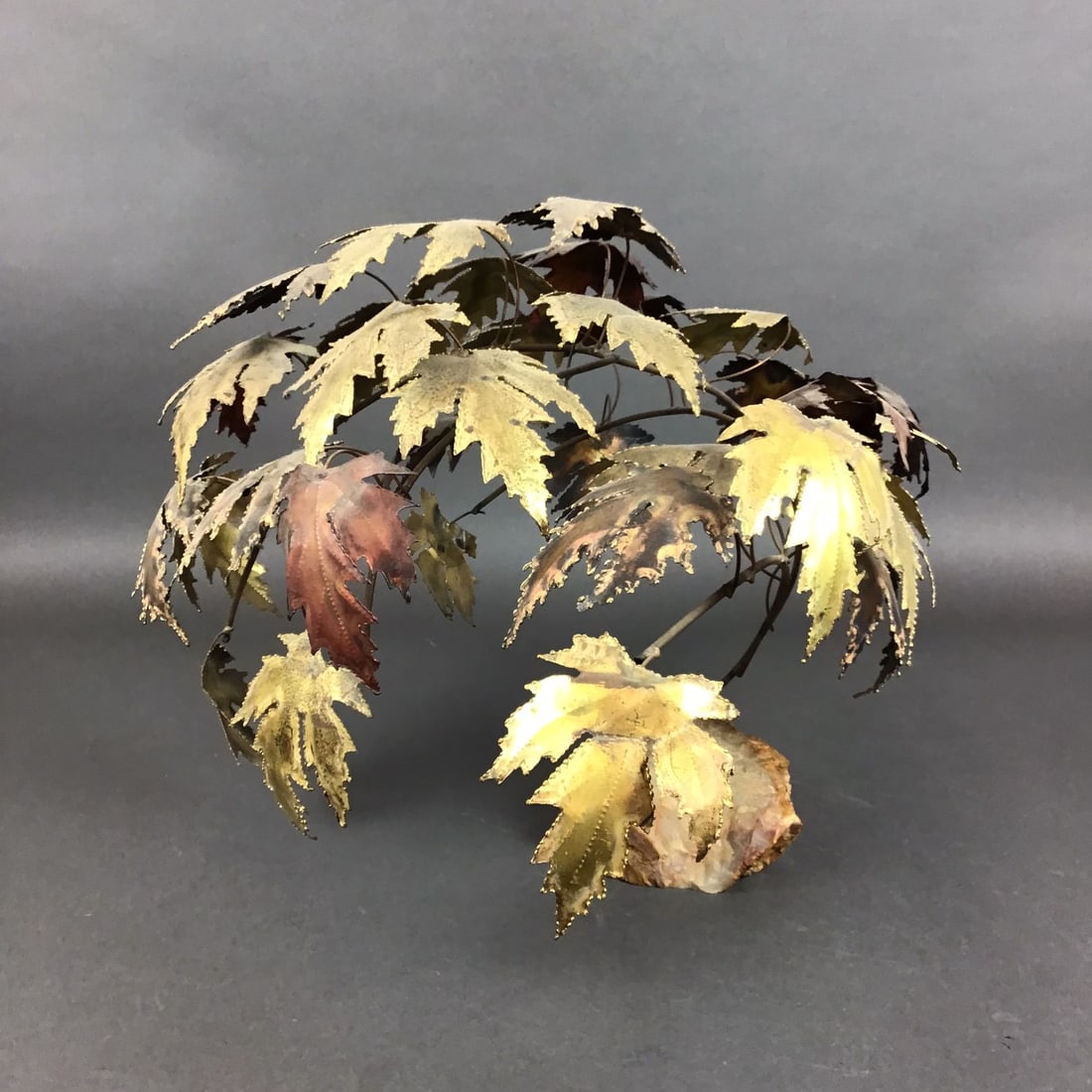 Mid-Century Modern Brutalist Copper Tree Sculpture with Maple Leaves on Stone Base (1 of 4)