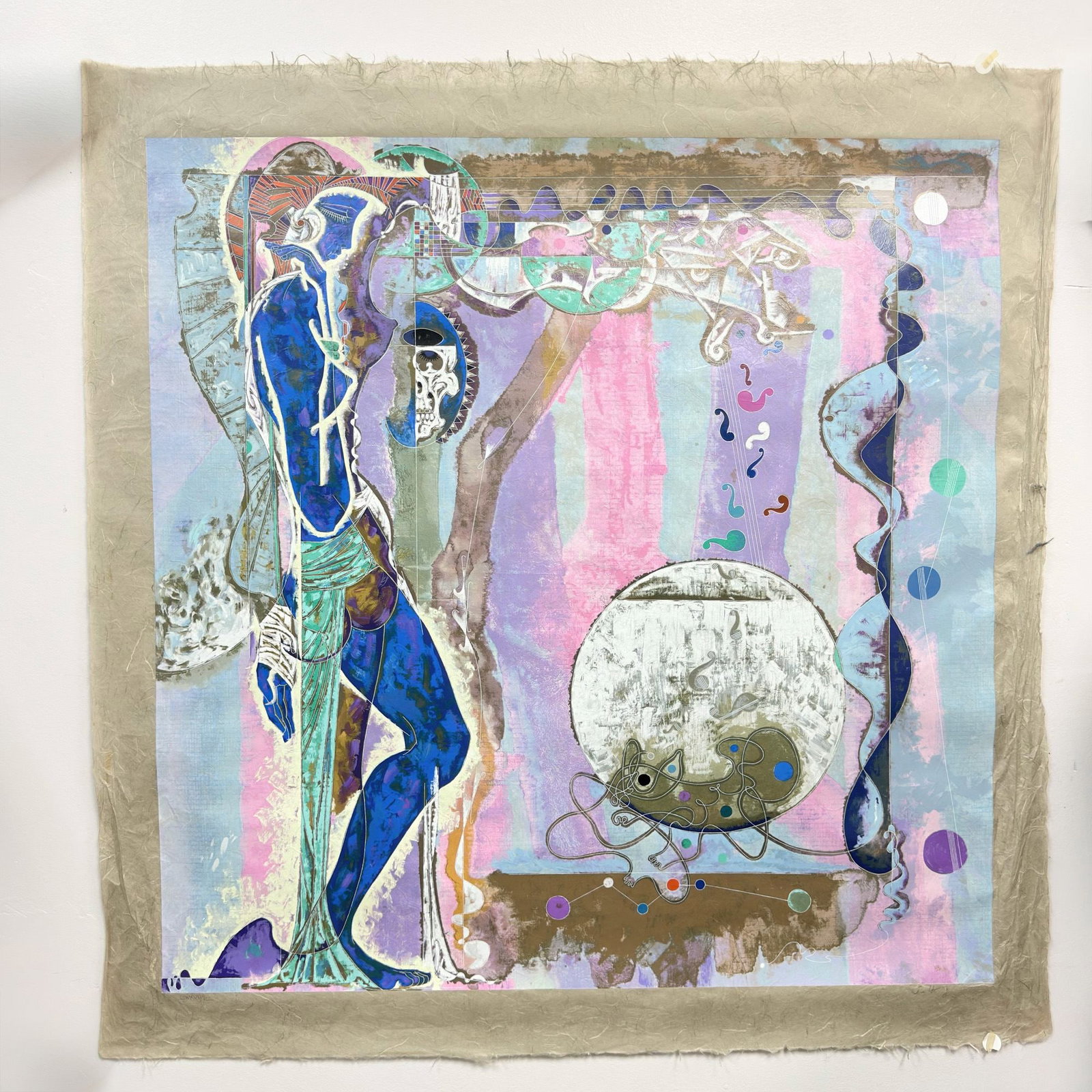Lu Hong (Chinese, b. 1959) Concerto Serigraph on Rice Paper: This mixed media serigraph on rice paper is by the artist Lu Hong (Chinese, born 1959) and is titled Concerto. The composition features a stylized blue figure in profile set against an abstract backgr