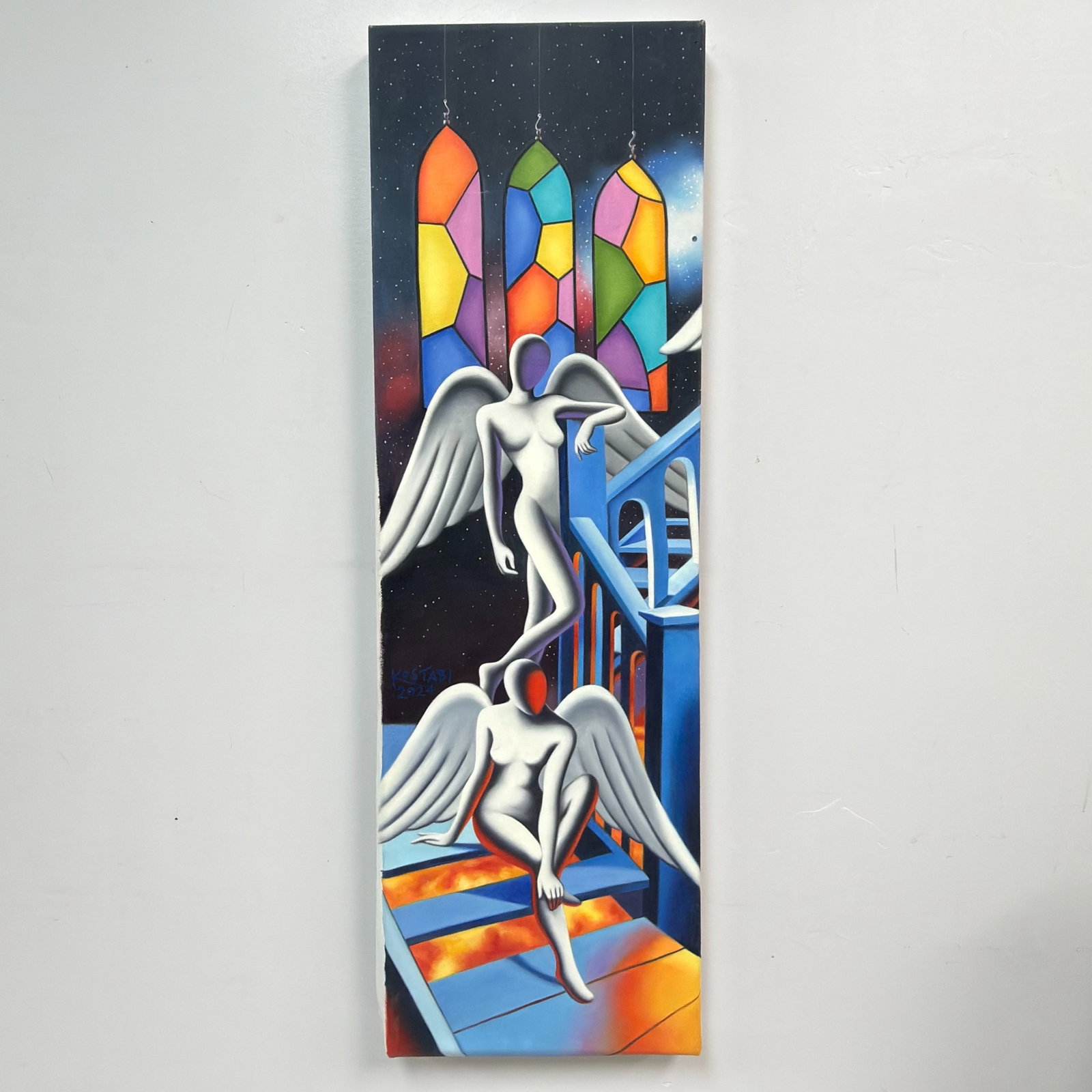 Mark Kostabi (American, b. 1960), Transcendent Glory, 2024, Oil on Canvas: Mark Kostabi (American, b. 1960). Transcendent Glory, 2024. Oil on canvas. This tall, vertical composition features the artist's signature faceless, winged figures. One figure, with a purple-toned fac