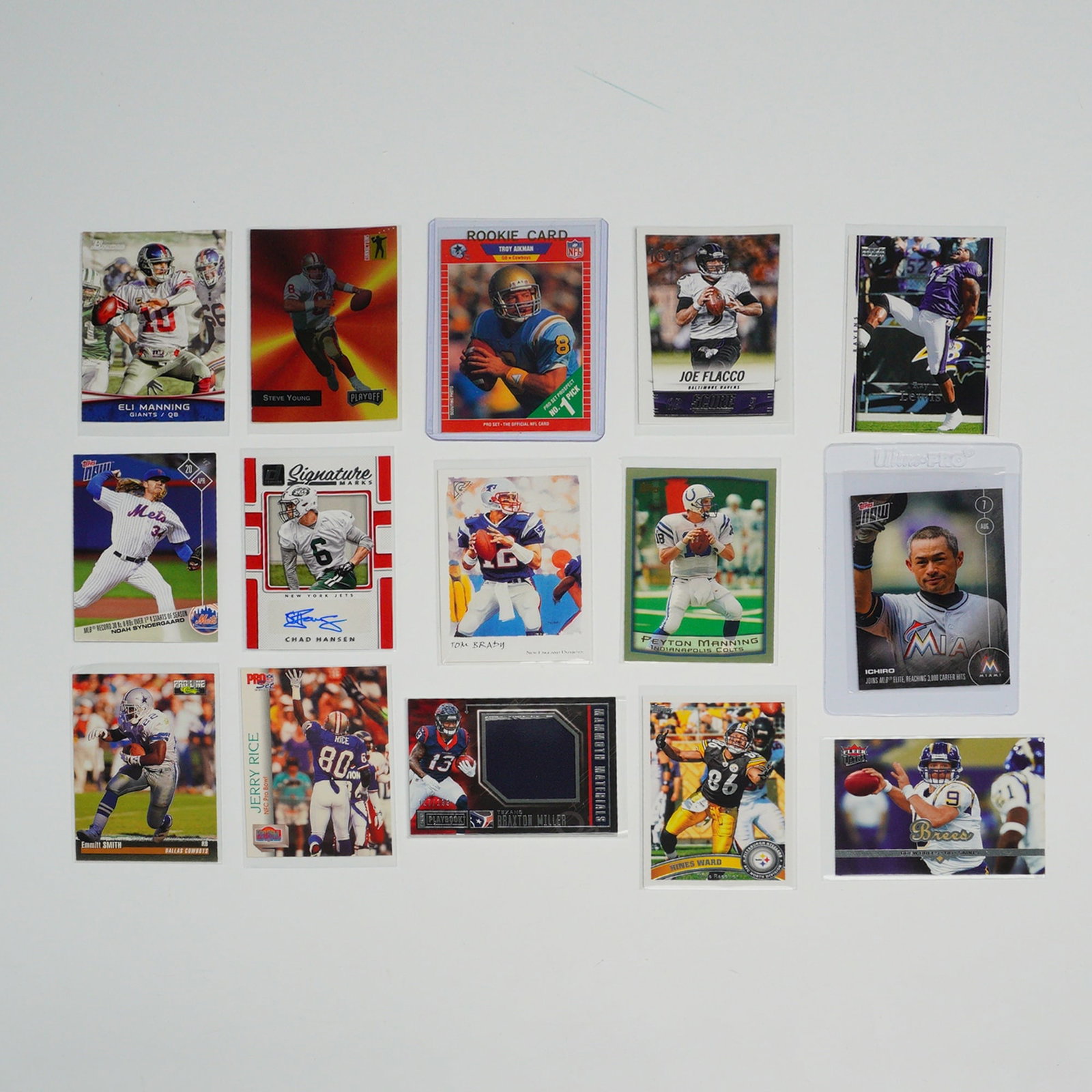 Lot of 15 Professional Sports Trading Cards Including Tom Brady Ichiro Suzuki and Troy Aikman Rookie (1 of 2)