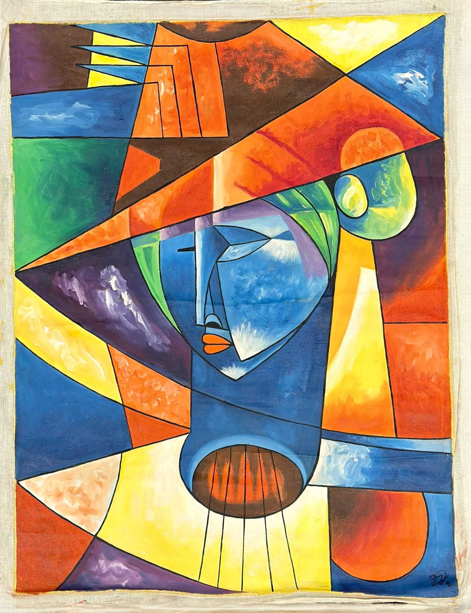 Original Large Oil on Unstretched Canvas Painting, Portrait of a Woman, Signed: This Cubist influenced oil on unstretched canvas painting depicts a figure wearing a wide-brimmed hat, with her torso integrated into the form of a guitar, complete with a sound hole and vertical line