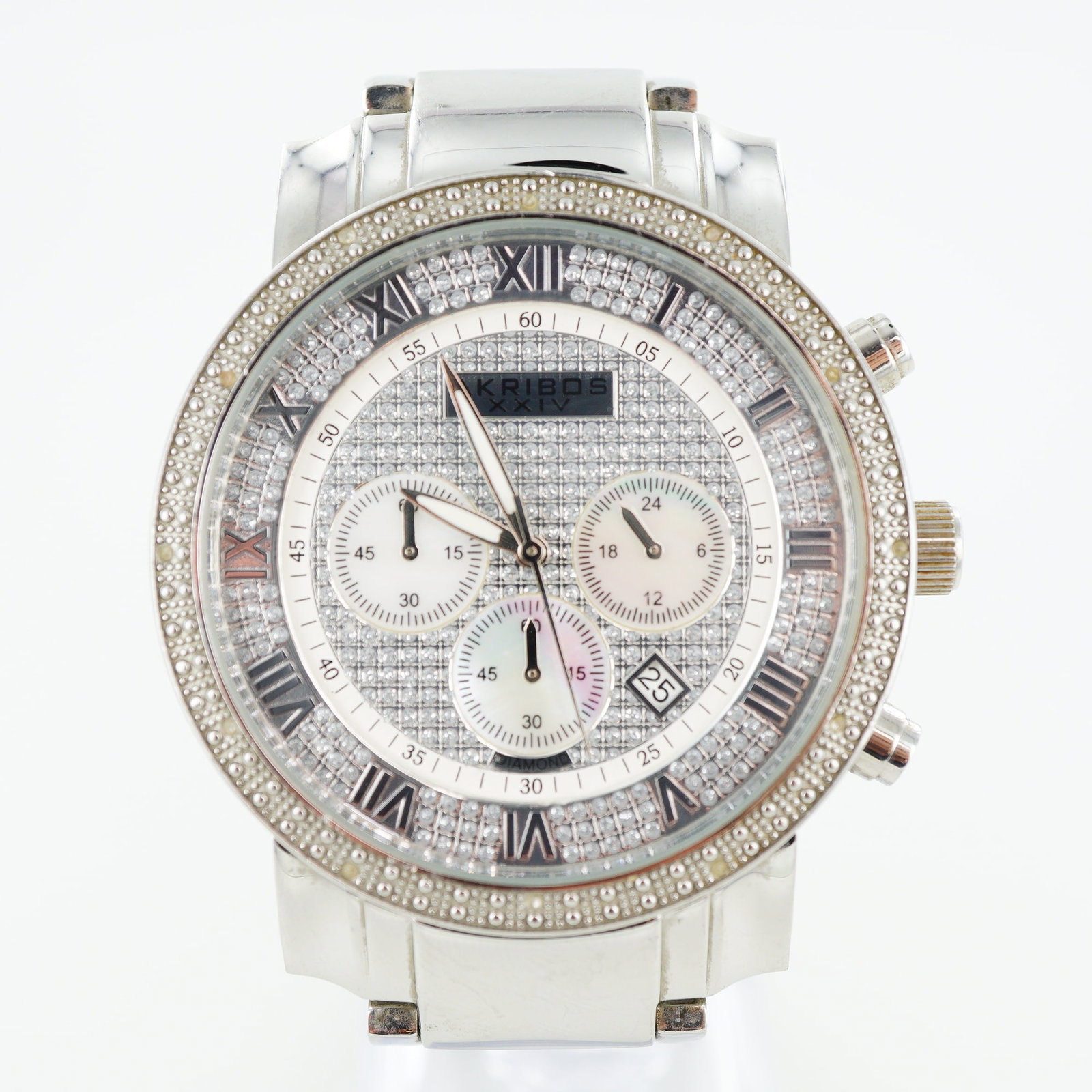Akribos XXIV Men's Chronograph Stainless Steel Wristwatch: This Akribos XXIV men's chronograph wristwatch, model AK439SS, features a polished stainless steel case and an integrated link bracelet. The silver-toned pave dial is set with genuine diamonds as indi
