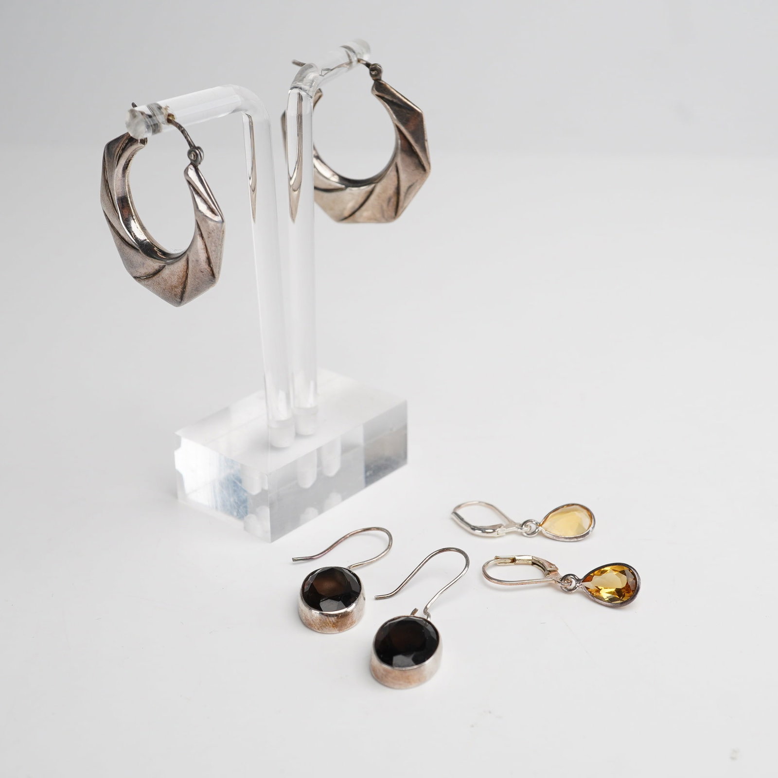 Three Pairs of Sterling Silver Gemstone and Geometric Earrings (1 of 4)