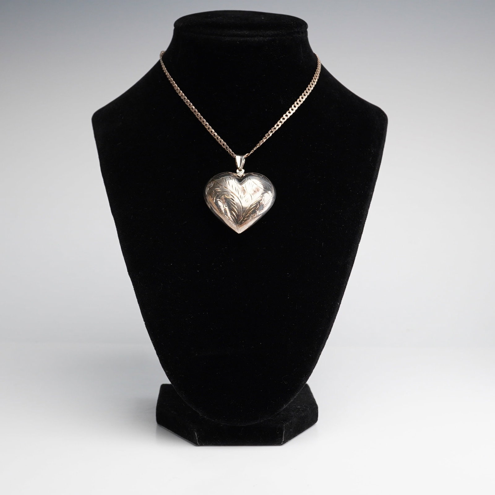 Sterling Silver Flat Curb Link Chain with Puffed Heart Pendant (1 of 5)