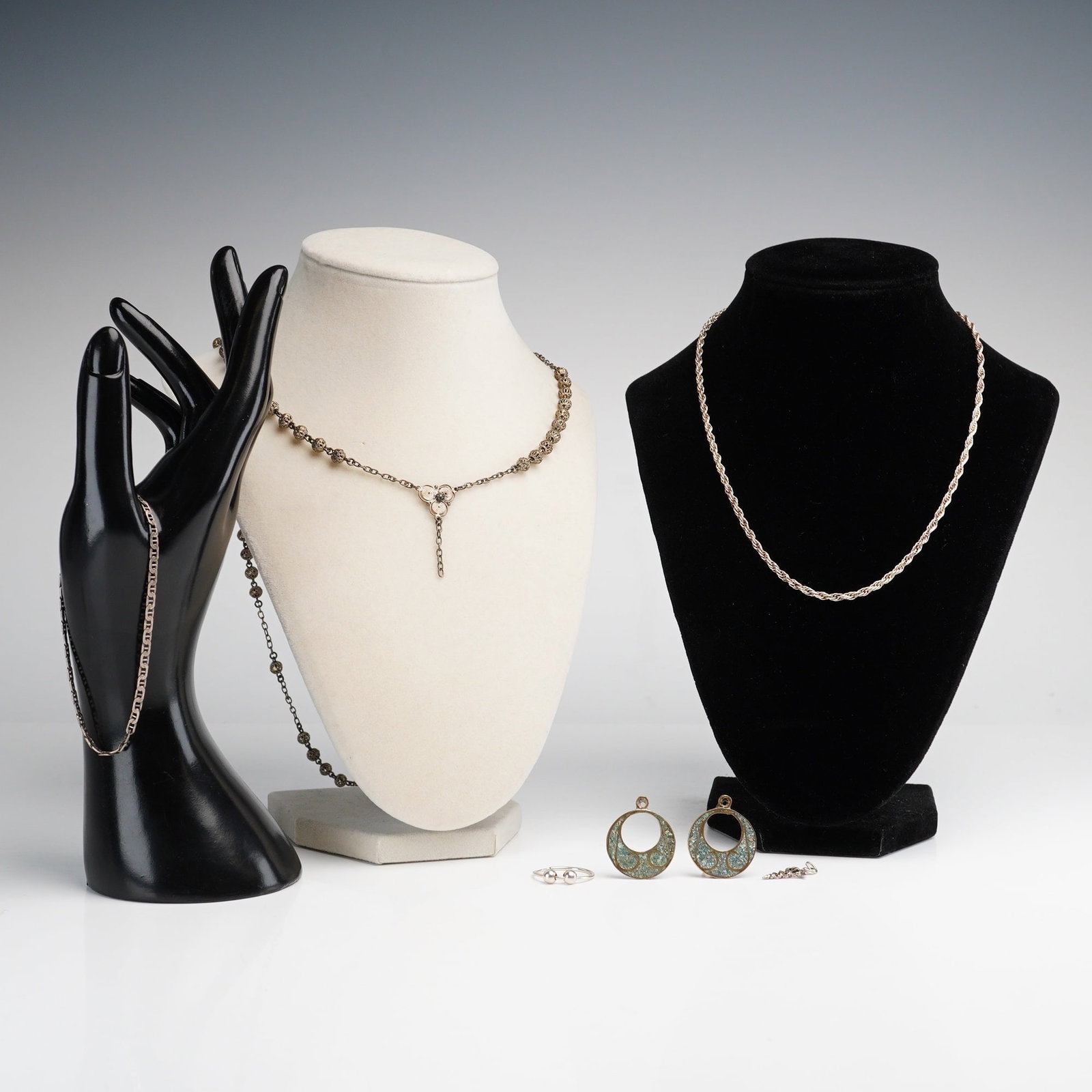 6pc Sterling Silver Jewelry including Necklace, Bracelet, and Mexican Earrings (1 of 4)