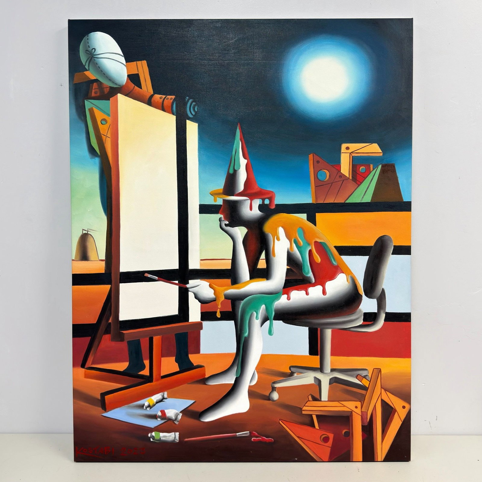 Mark Kostabi (American, b. 1960) The Painter's Epiphany, 2023, Oil on Canvas: This original oil on canvas painting, titled The Painter's Epiphany, is by American artist Mark Kostabi (b. 1960). The composition features one of Kostabi's signature faceless, monochromatic figures i