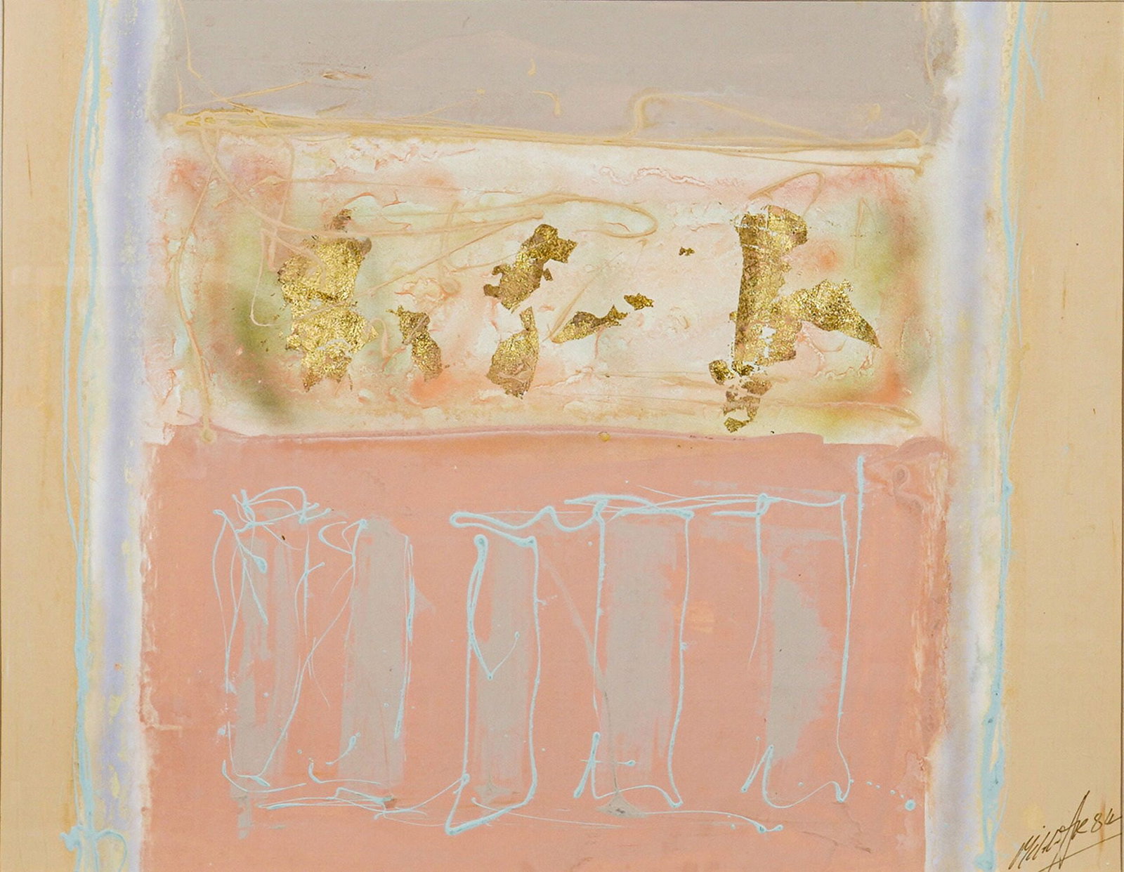 A Contemporary Abstract Mixed Media Work on Paper, 1984: This contemporary abstract mixed media work on paper is dated 1984 and features a tripartite horizontal composition. The palette consists of salmon, peach, muted gray, and light blue. The central band