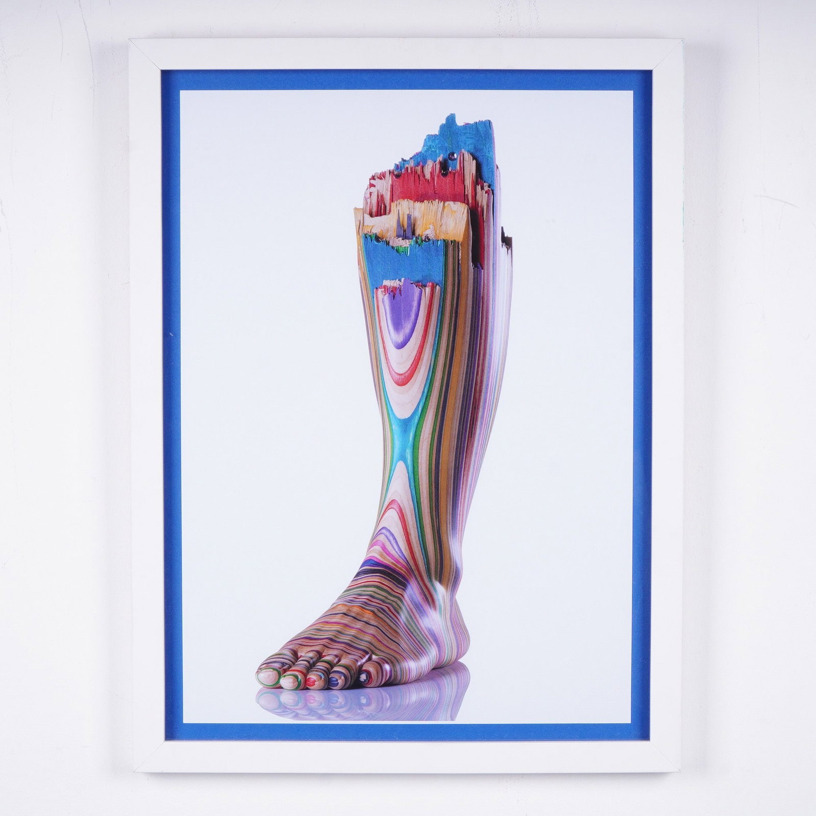 Haroshi, 'Screaming My Foot', Digital Giclee Print, Edition of 100: This digital giclee print by Japanese artist Haroshi depicts his iconic sculpture of a severed human leg and foot, meticulously crafted from laminated, recycled skateboard decks. The vibrant, multi-co