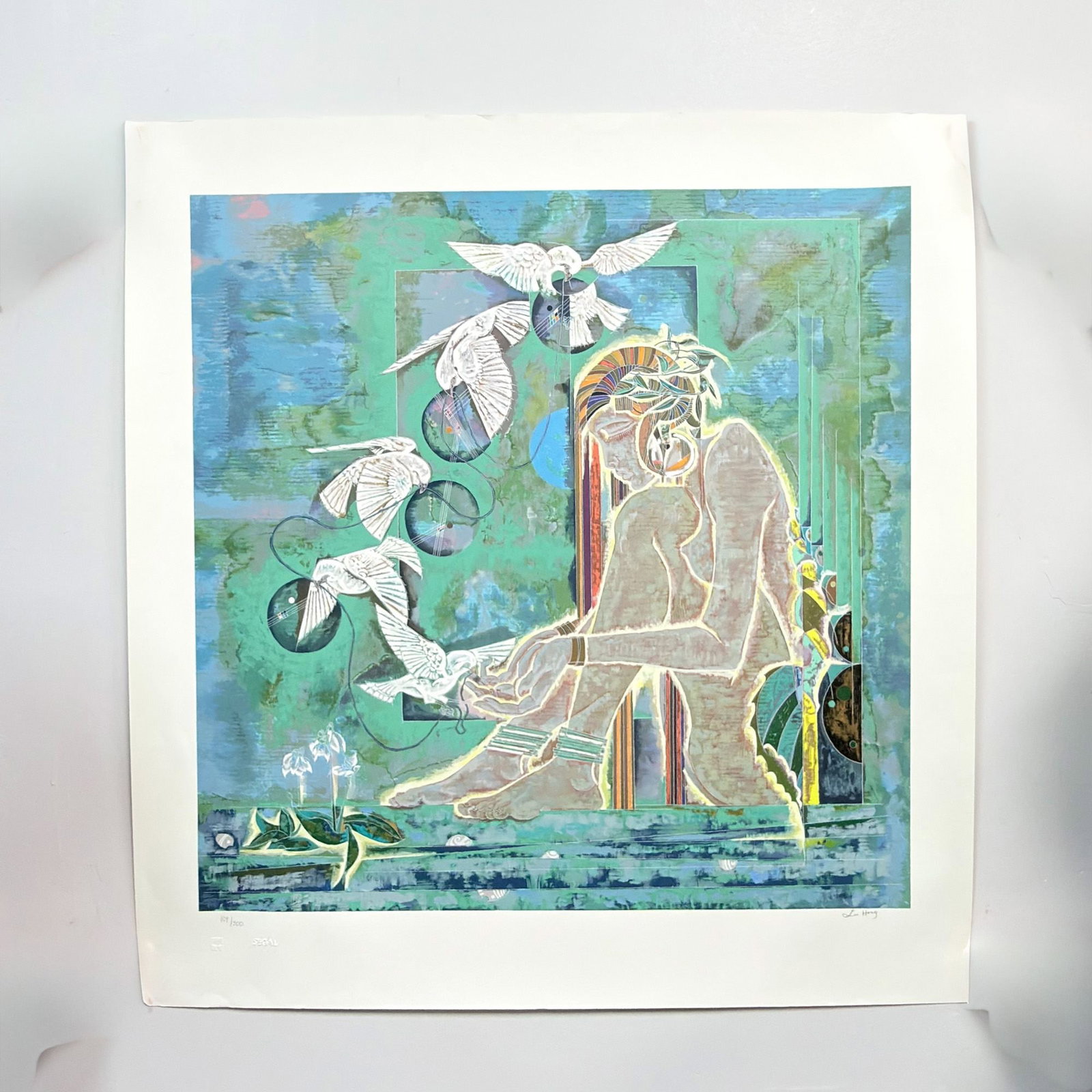 Lu Hong, Morning Sonata, Limited Edition Serigraph on Paper, Signed and Numbered 109/300: This limited edition serigraph on paper by Lu Hong (Chinese-American, b. 1954) is titled Morning Sonata. The contemporary composition is executed in the stylized manner characteristic of the Yunnan Sc