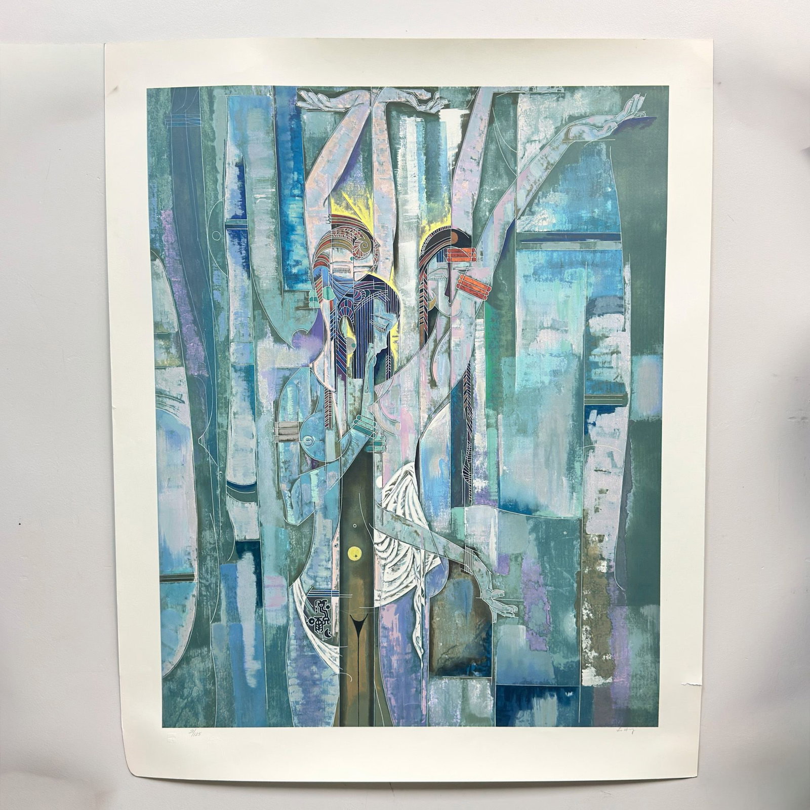 Lu Hong, Summer Rain, Signed and Numbered Serigraph on Paper: This serigraph on paper, titled Summer Rain, is by Lu Hong, an artist recognized for his contributions to the Yunnan School art movement. The composition features three stylized, ethereal female figur