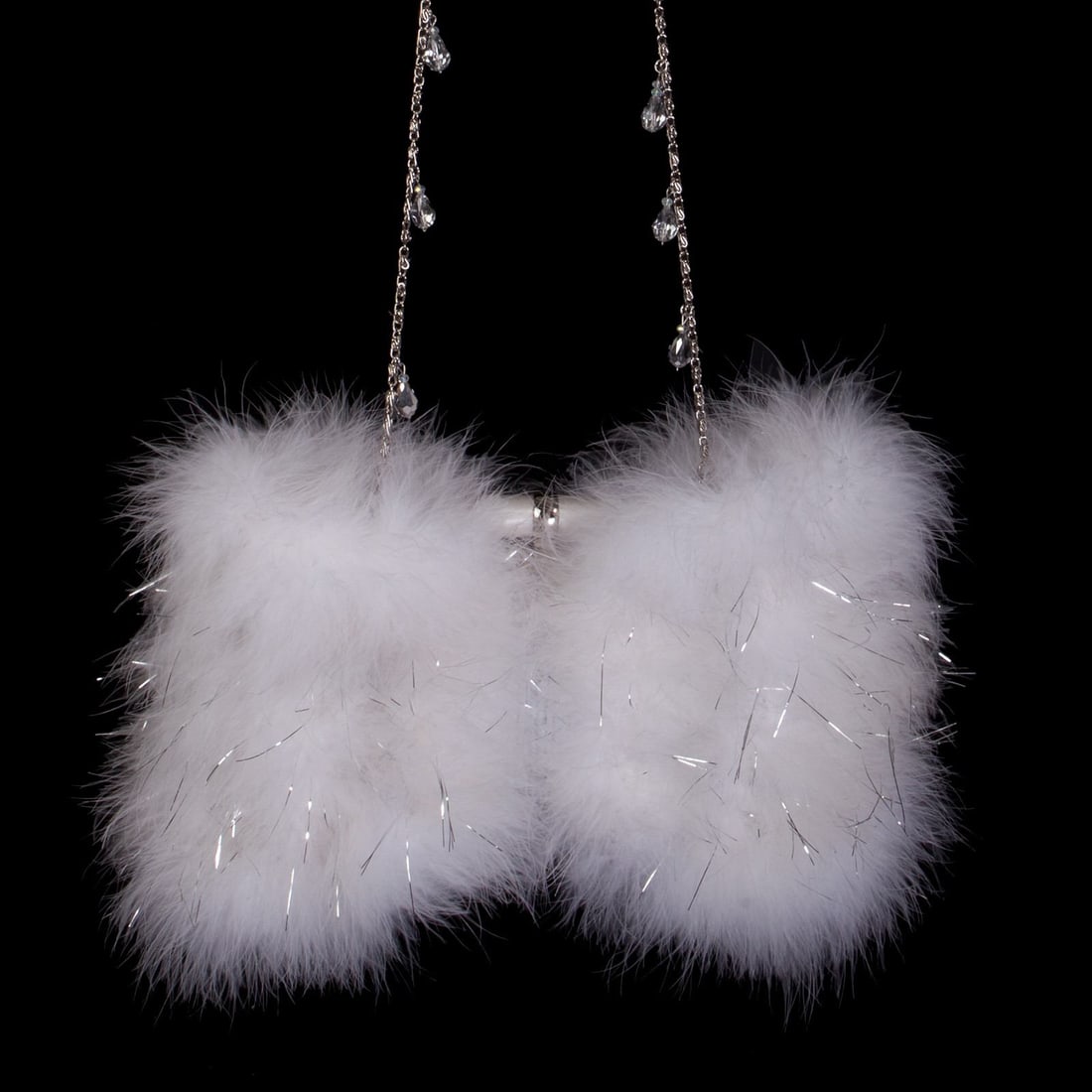 Irene Marie Angel Bag, Jenn Precious Petite Evening: One-of-a-kind, unique creation, a couture white Precious evening bag with white and silver lurex Marabou feathers. Lined in white satin rayon with a silver-tone metal tear drop crystals on a shoulder 