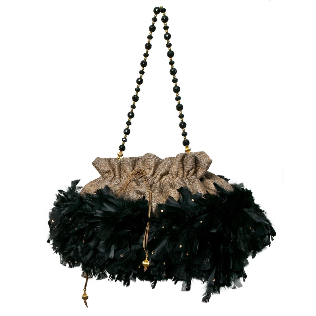 Irene Marie Angel Bag, Stephi Precious Grande: One-of-a-kind, unique creation, couture taupe brocade precious draw string handbag with black French cut chandelle with gold Swarovski tip feathers. Lining Black satin rayon. Handle Black 20mm onyx an