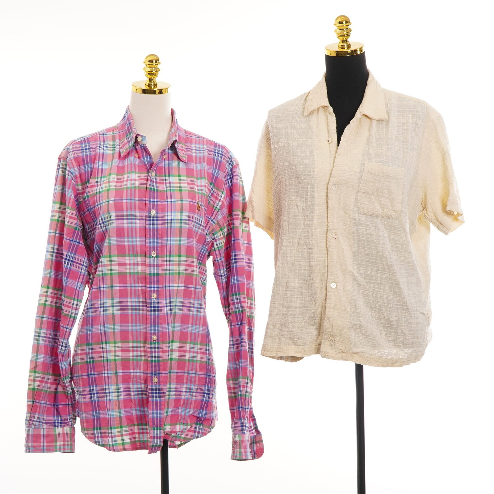 2pc Men's Designer Shirts, Ralph Lauren and Diesel StyleLab, Size Large: This lot features two designer button-down shirts. The first item is a Ralph Lauren long-sleeve shirt with a multi-colored plaid pattern in shades of pink, green, blue, purple, and white. The garment 