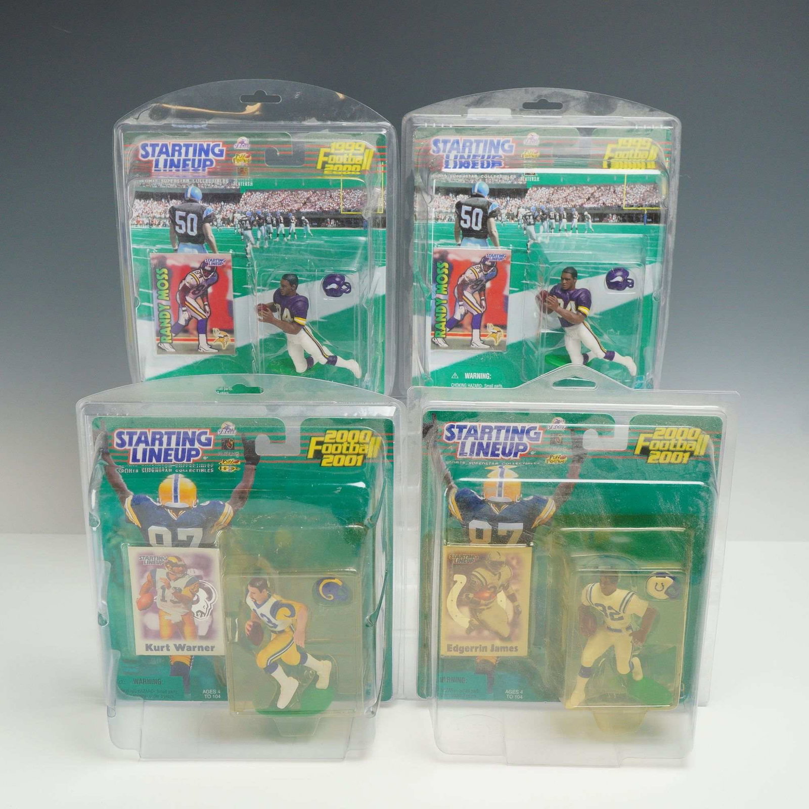 4pc NFL Starting Lineup Football Figurines in Boxes including Randy Moss, Kurt Warner, and Edgerrin (1 of 3)
