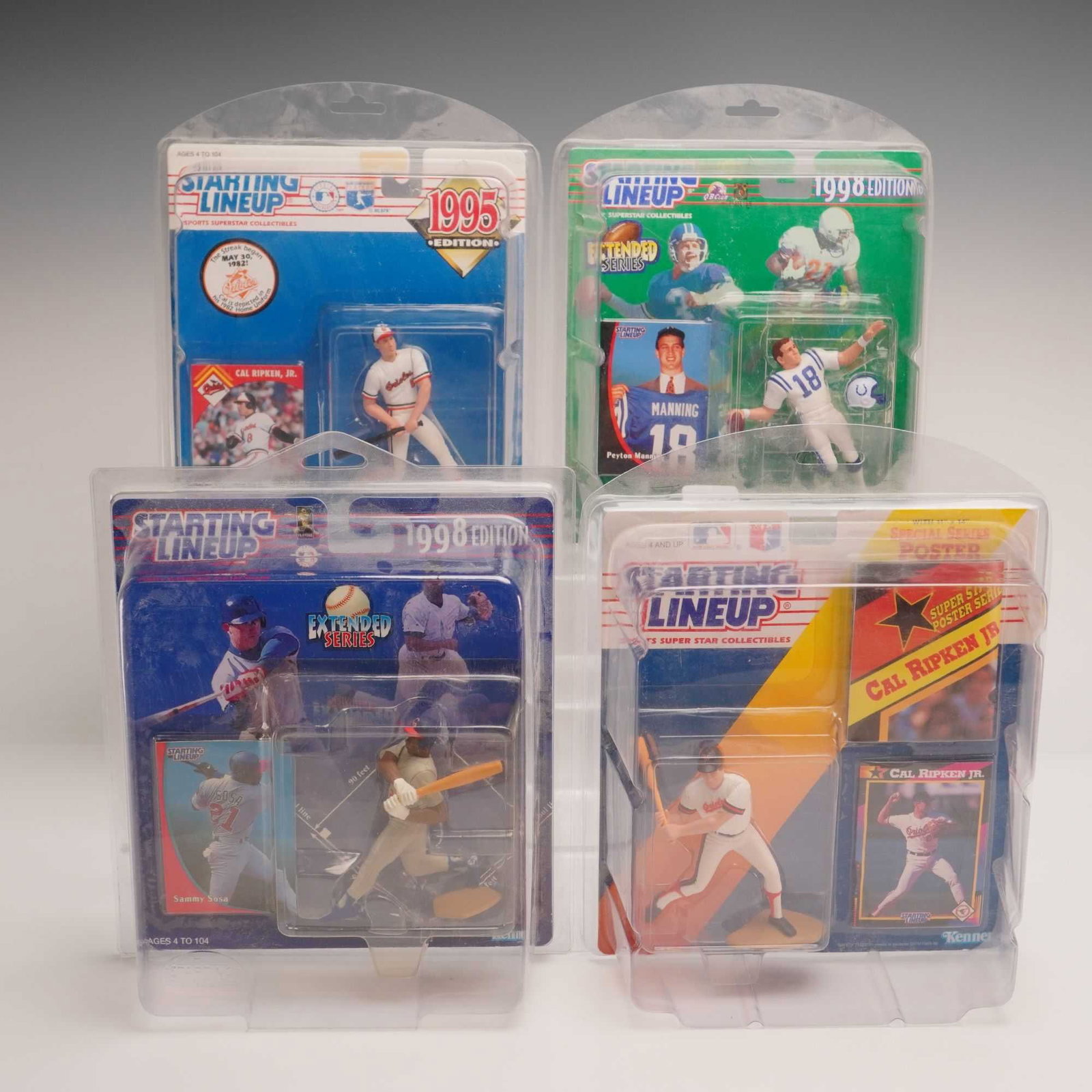 4pc Kenner Starting Lineup Sports Action Figures Including Cal Ripken Jr., Peyton Manning, and Sammy (1 of 3)