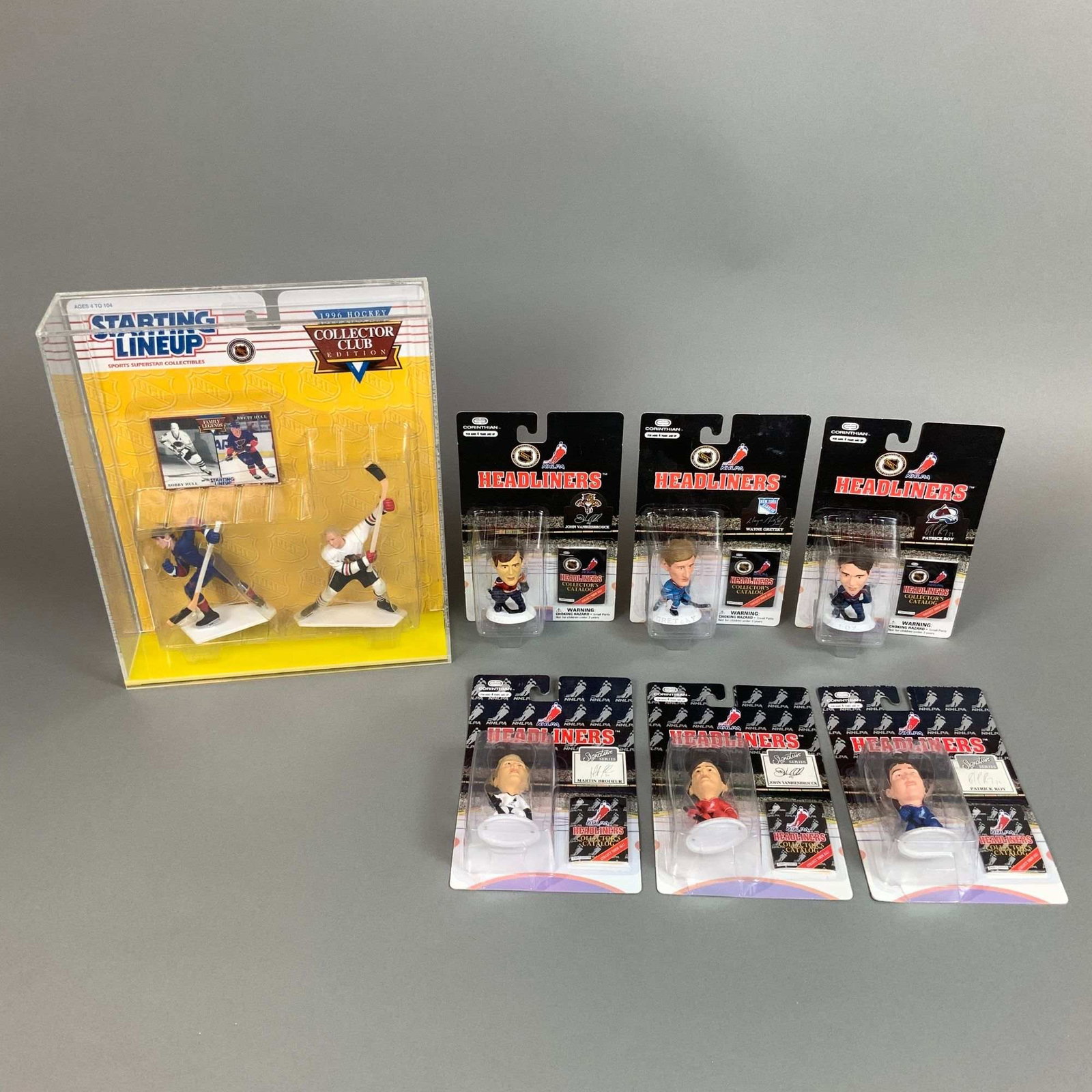 7pc Corinthian and Kenner Sports Collection Action Figures and Bobbleheads: A 7pc collection of vintage NHL hockey collectible figures including sets from Kenner and Corinthian Marketing Inc. The collection features several Hall of Fame players and notable stars from the
