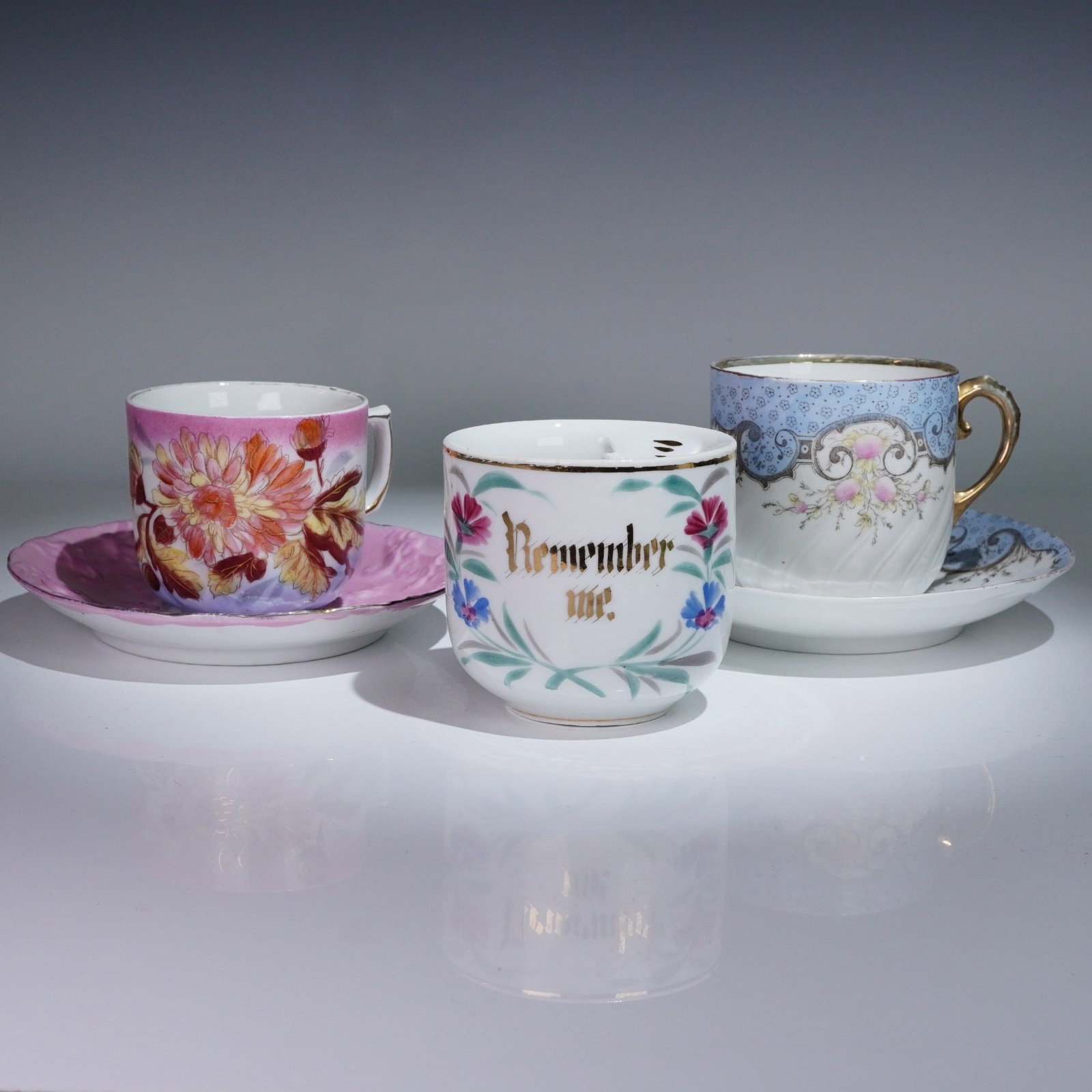 5pc Antique Porcelain Mustache Cups and Saucers (1 of 5)