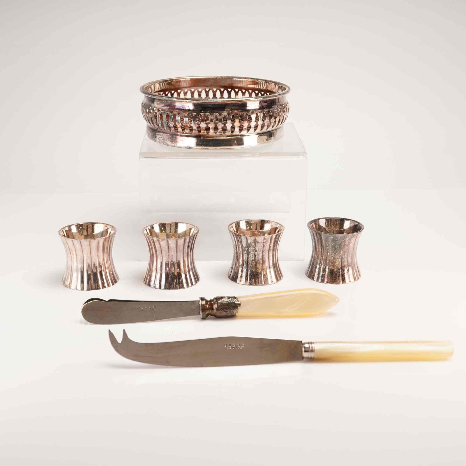 7pc Silver Plated and Silver Toned Tableware Set Including a Bottle Coaster, Napkin Rings, and (1 of 4)